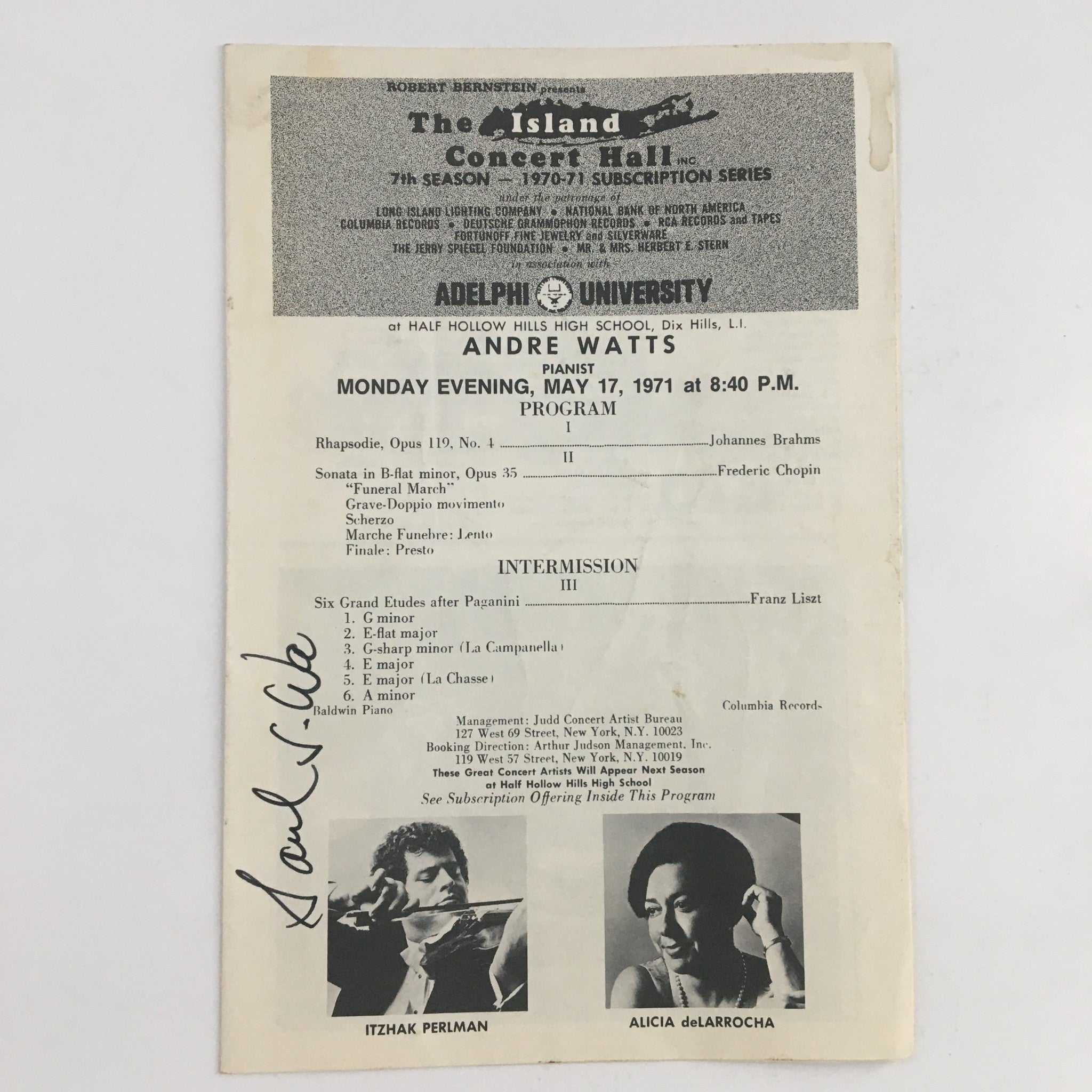 1971 The Island Concert Hall Adelphi University Present Pianist Andre Watts