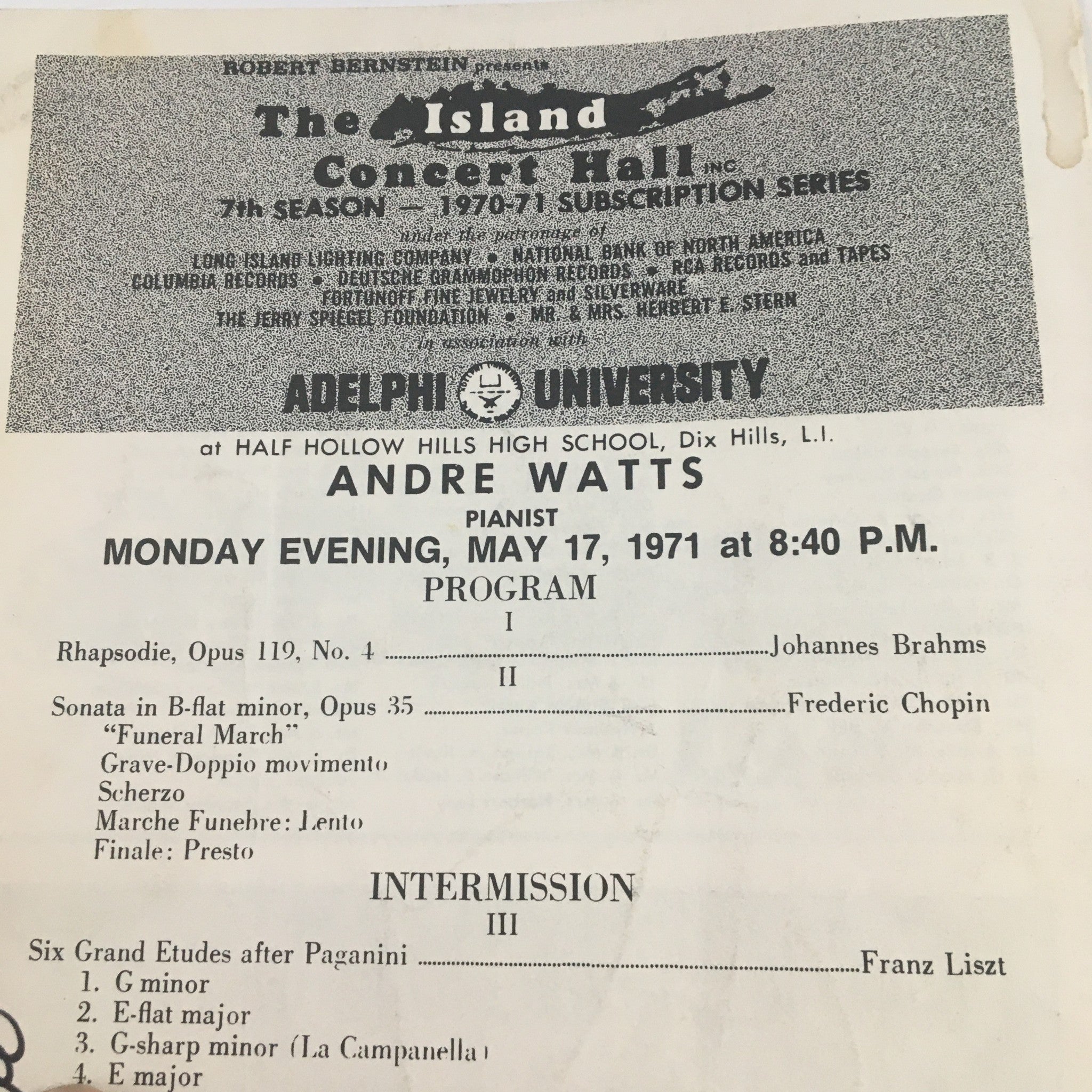 1971 The Island Concert Hall Adelphi University Present Pianist Andre Watts