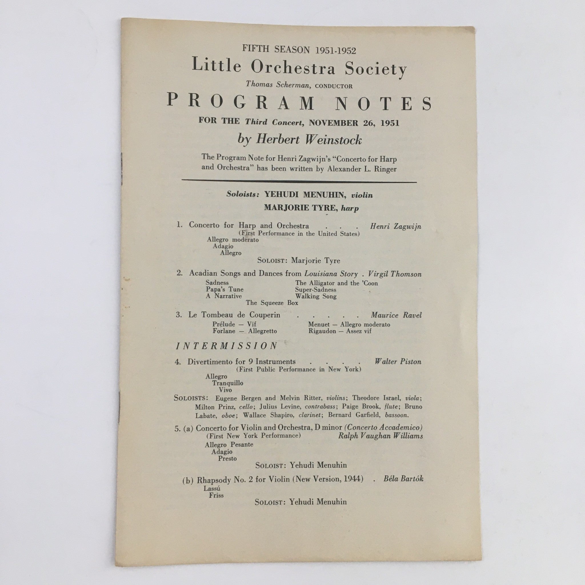 1951 Little Orchestra Society Program Notes for 3rd Concert, cover page featuring concert details, by Herbert Weinstock.