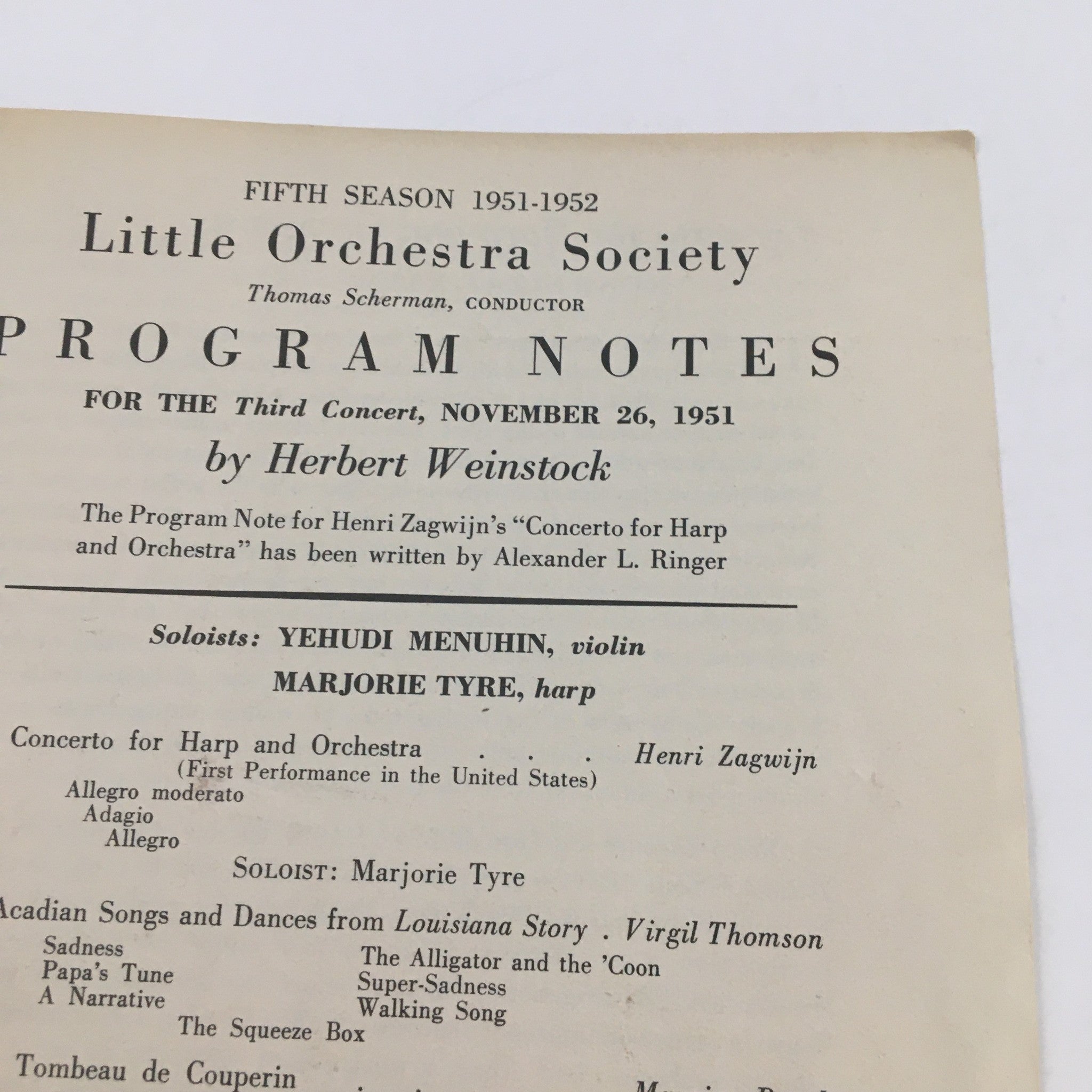 Close-up of 1951 Little Orchestra Society Program Notes for 3rd Concert, showing soloists and featured compositions for the concert.