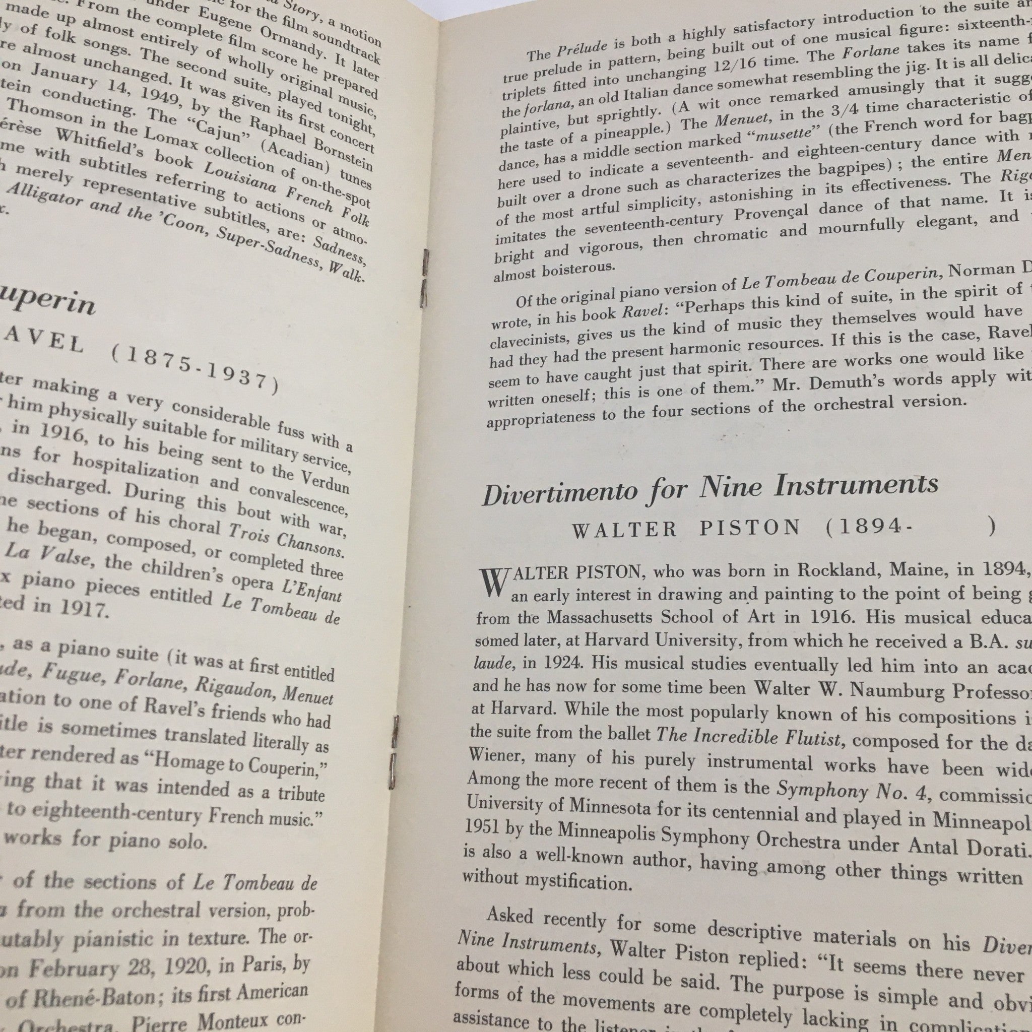 Interior page from 1951 Little Orchestra Society Program Notes for 3rd Concert, detailing the history of musical compositions and biographies of composers.