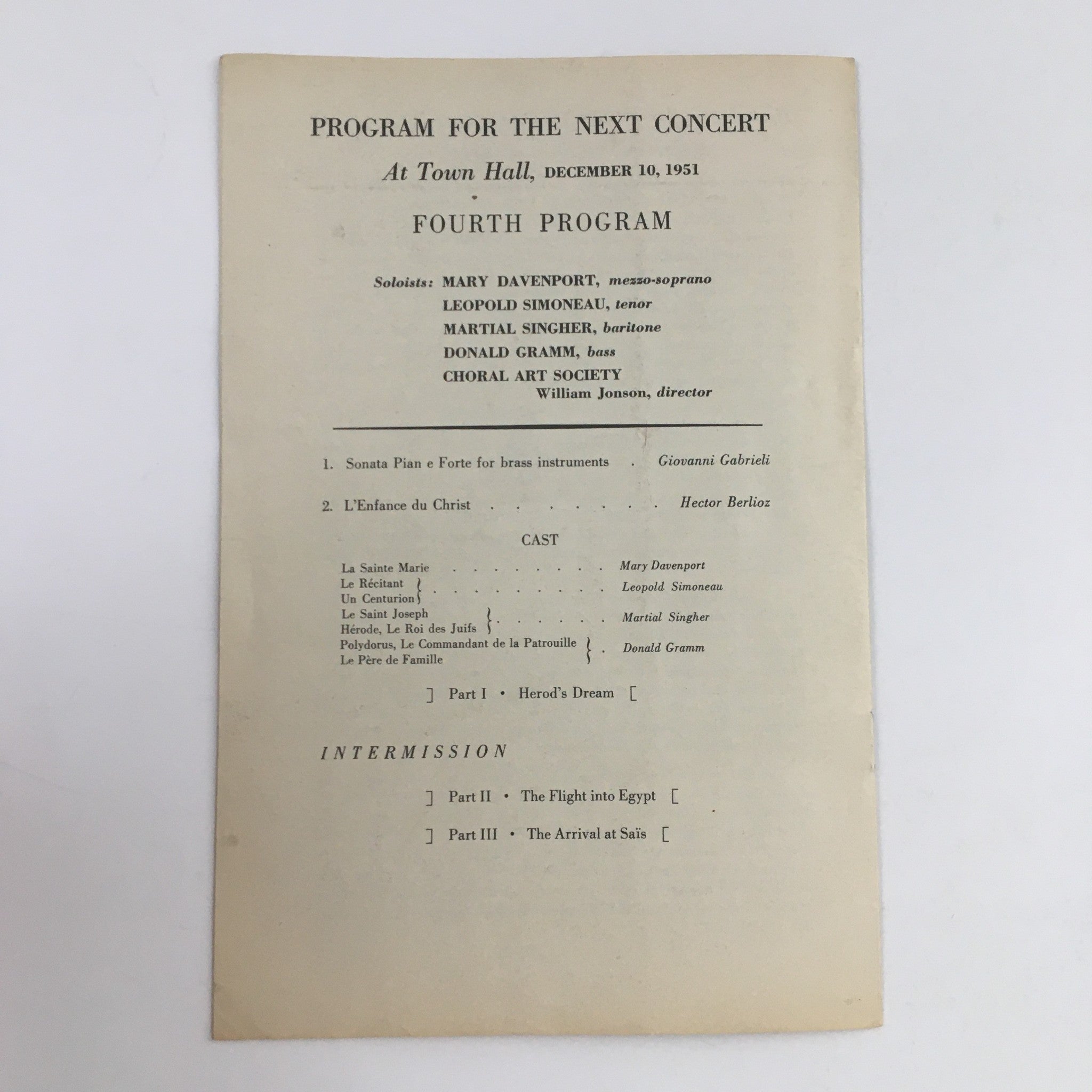Back cover of 1951 Little Orchestra Society Program Notes for 3rd Concert, presenting information about the next concert program.