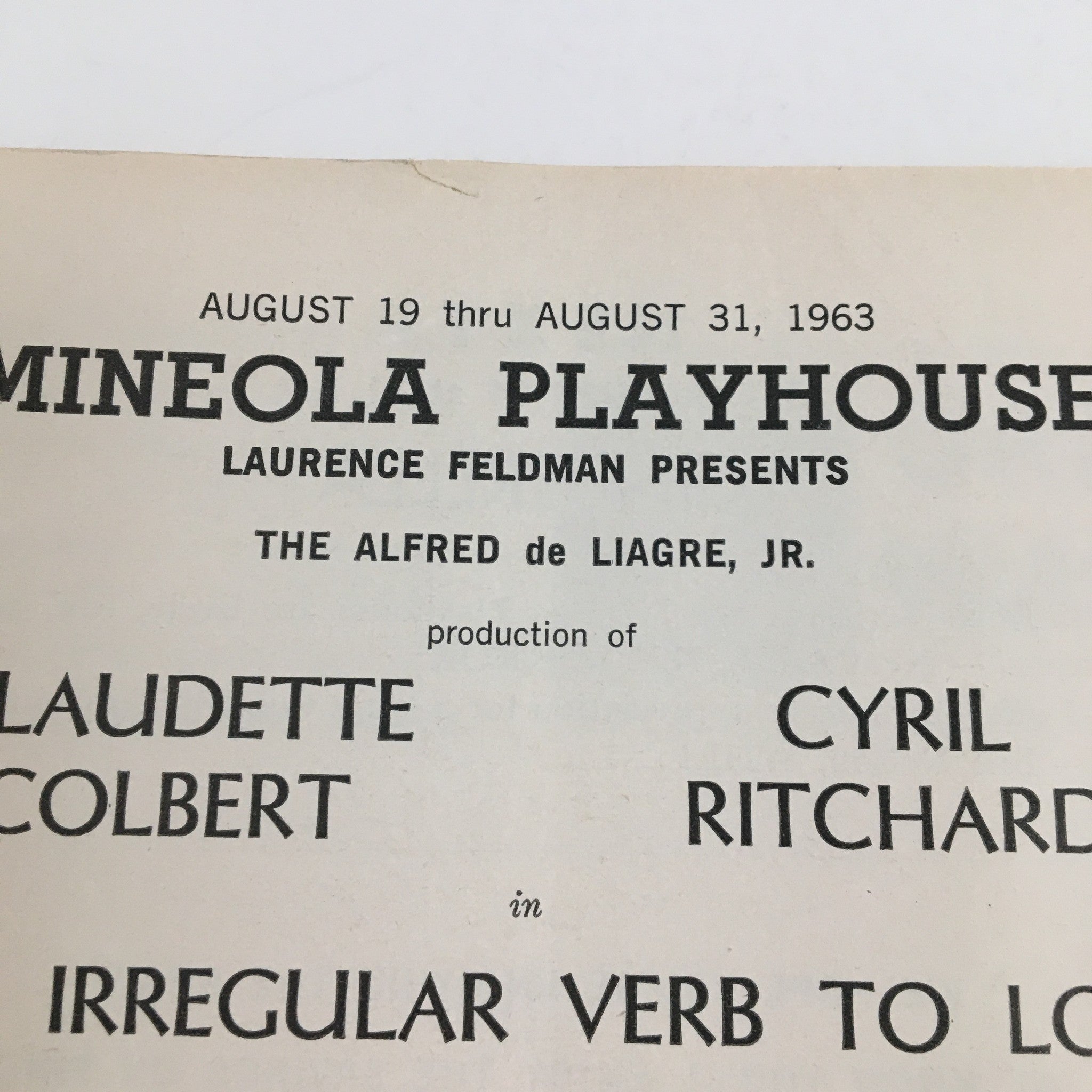 1963 Stagebill Mineola Playhouse Present The Irregular Verb To Love by Cyril R.