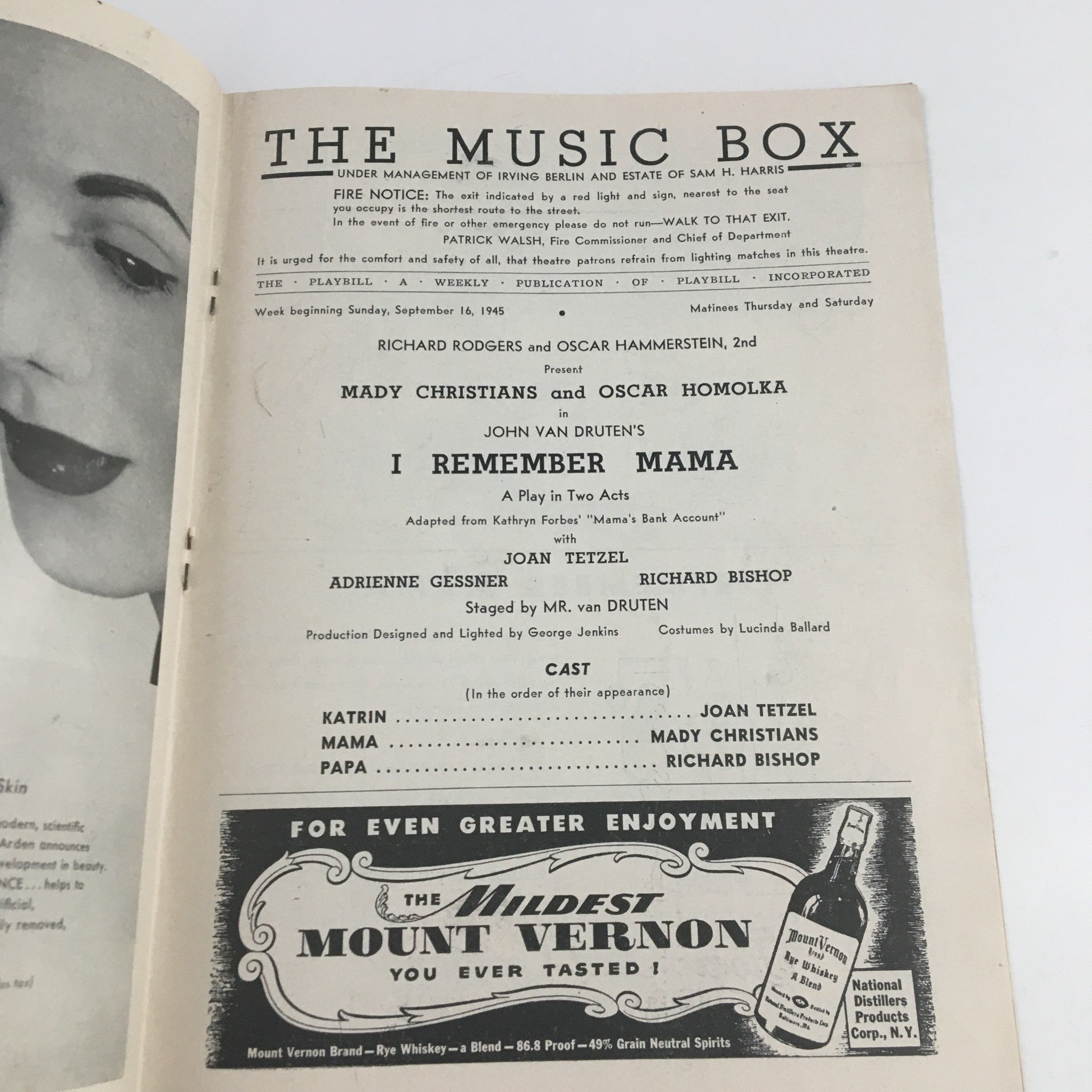 1945 Playbill The Music Box Present John Van Druten's I Remember Mama