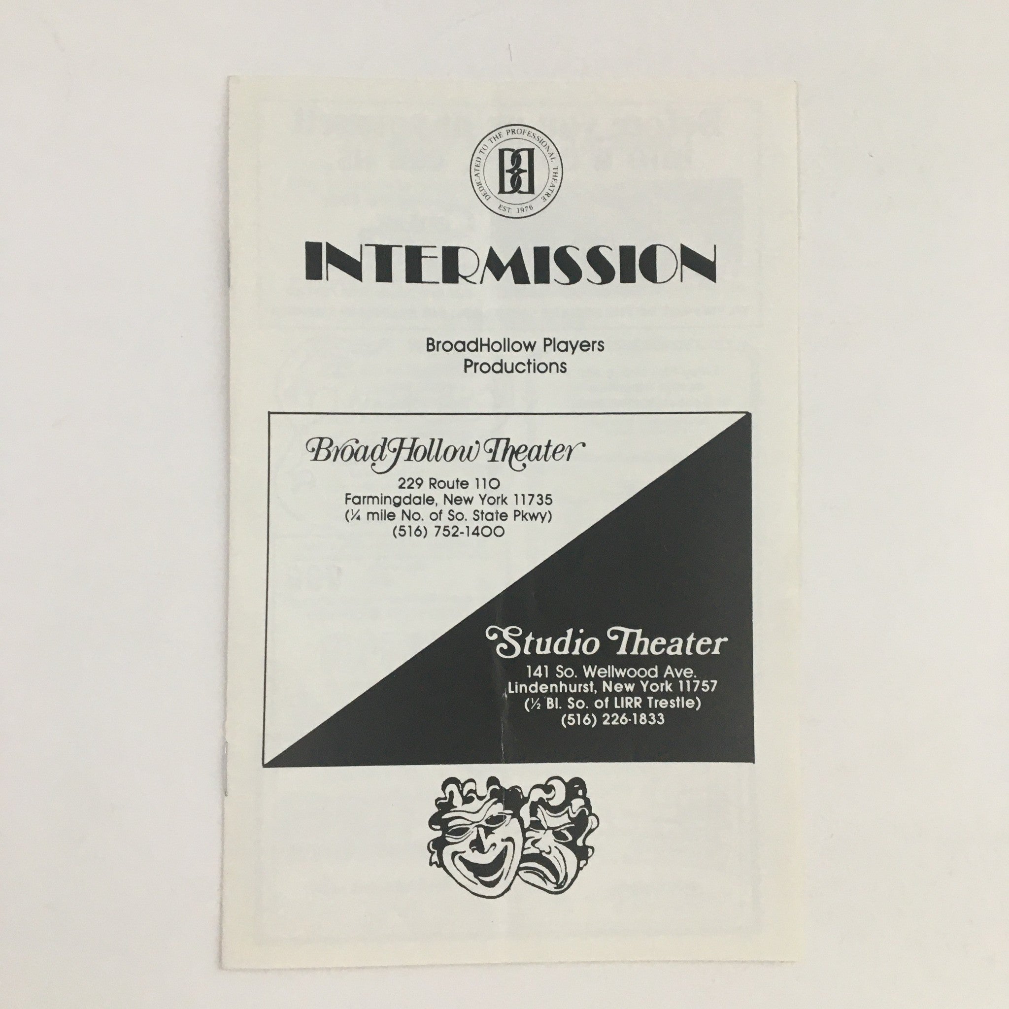 1988 Intermission BroadHollow Theater program cover featuring the title 'Fatal Attraction' by Bernard Slade, with a plain black and white design listing theater details.