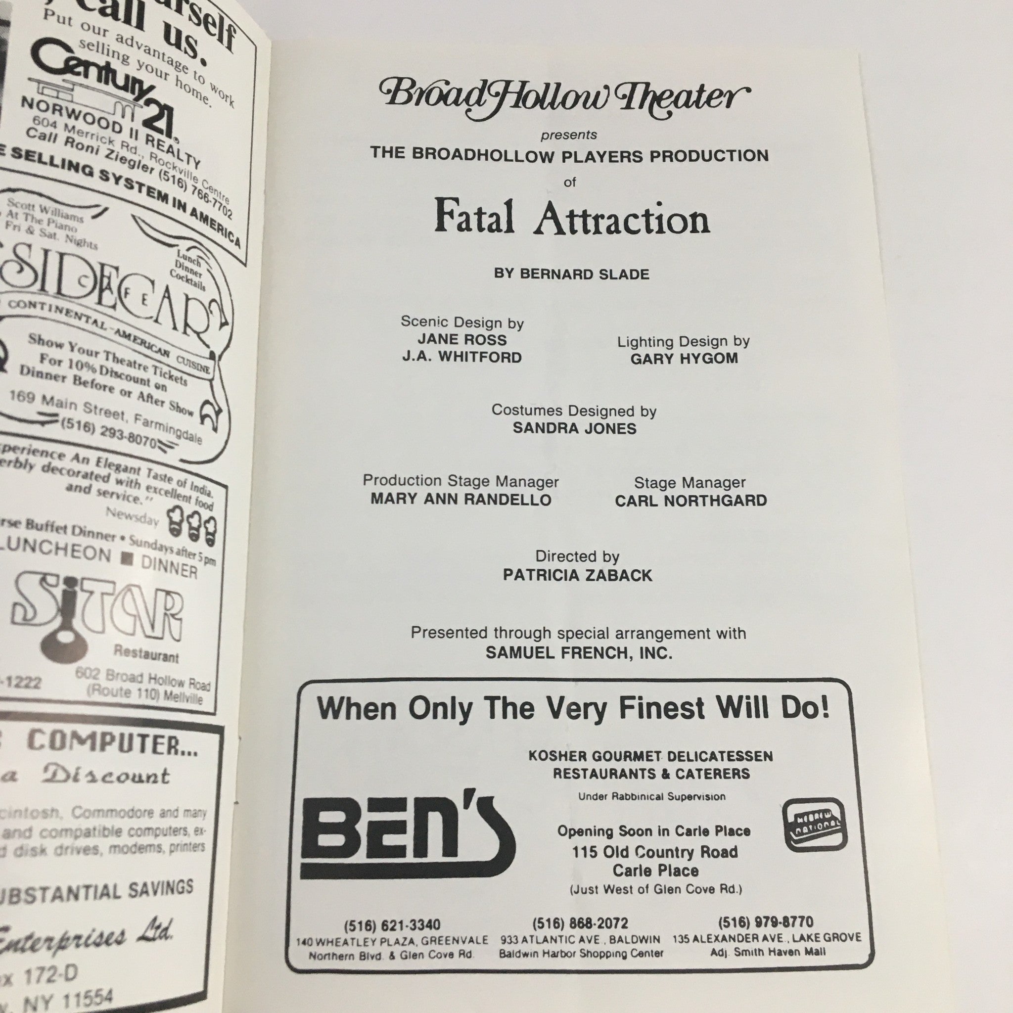 Inside page of the 1988 Intermission BroadHollow Theater program for 'Fatal Attraction' by Bernard Slade, detailing the creative team and including a local advertisement.