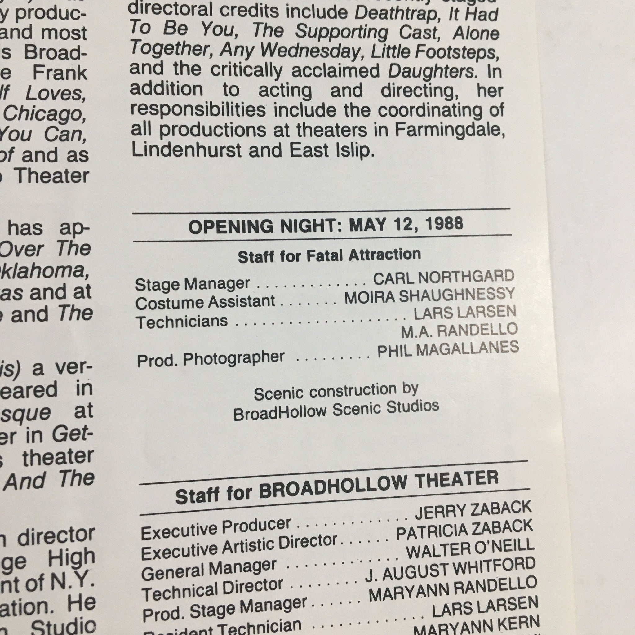 1988 Intermission BroadHollow Theater program for Fatal Attraction by Bernard Slade, featuring staff credits including Karl Shaughnessy, Patricia Zaback, and others, showcasing contributions to the theater production.