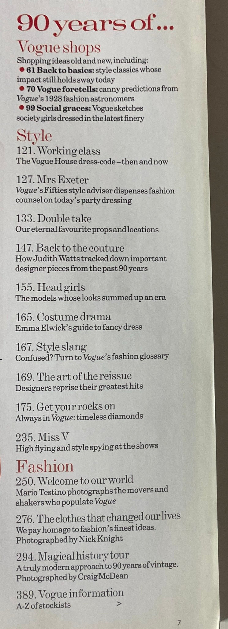 Page from Vogue British Magazine December 2006 highlighting 90 years of Vogue Shops with articles about style and fashion predictions.