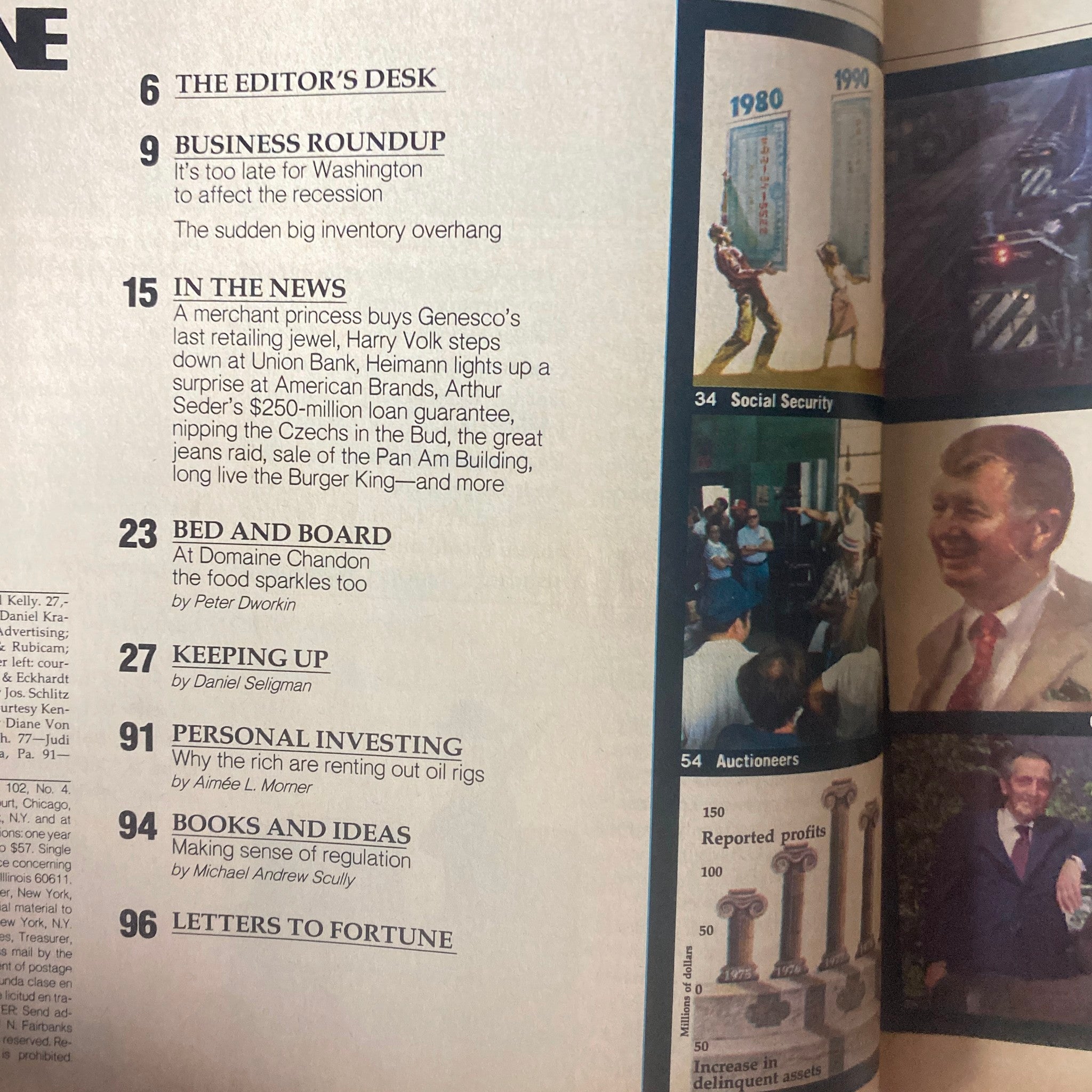 Table of contents from Fortune Magazine August 25, 1980, including sections like 'Business Roundup' and 'Bed and Board at Domaine Chandon'.