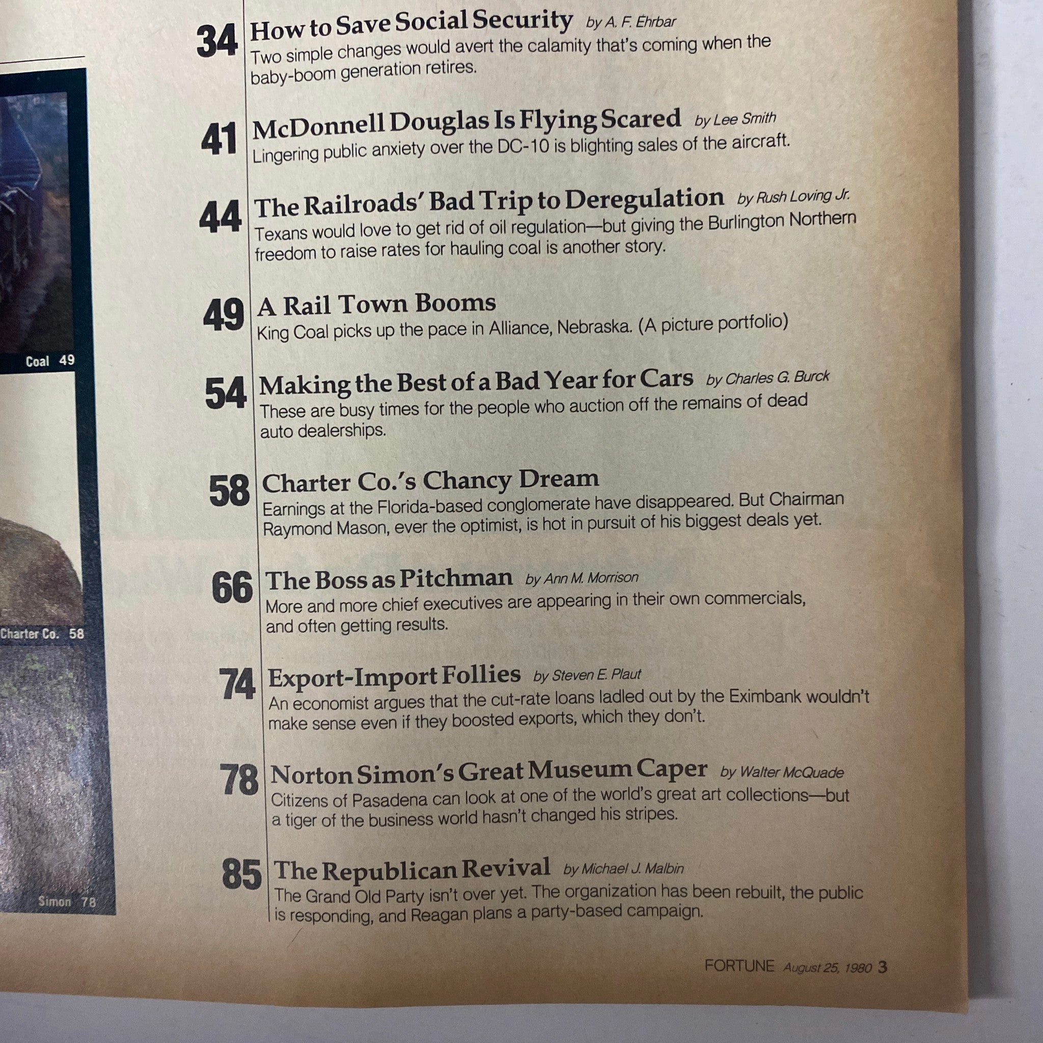 Excerpt from Fortune Magazine August 25, 1980, showcasing features and articles including 'How to Save Social Security' and 'The Boss as Pitchman'.