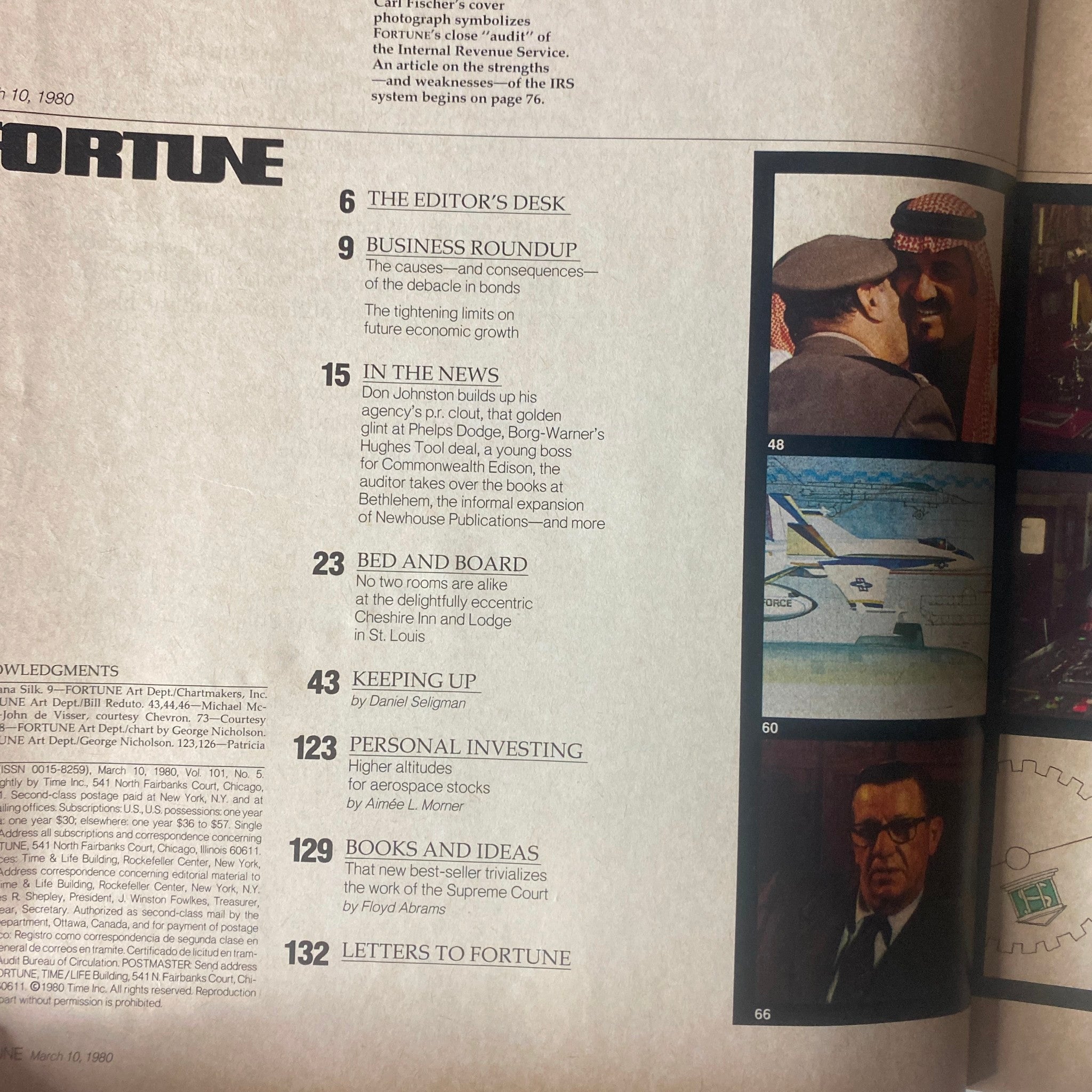 Inside page of Fortune Magazine from March 10, 1980, displaying the contents list including featured articles like 'The Editor's Desk' and 'In the News'.