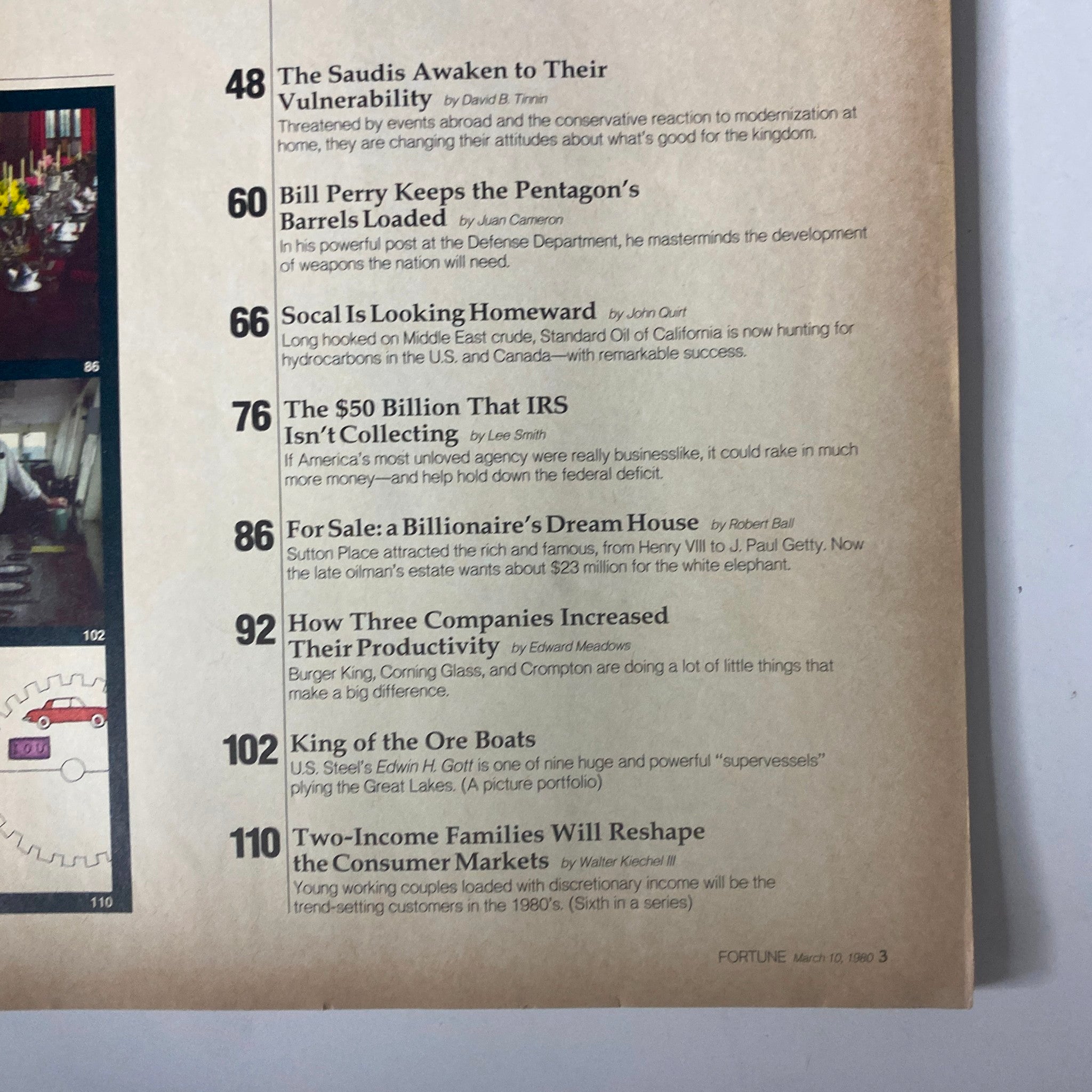 Summary page from Fortune Magazine March 10, 1980, highlighting key articles such as 'The Saudis Awaken to Their Vulnerability' and 'Bill Perry Keeps the Pentagon's Barrels Loaded'.