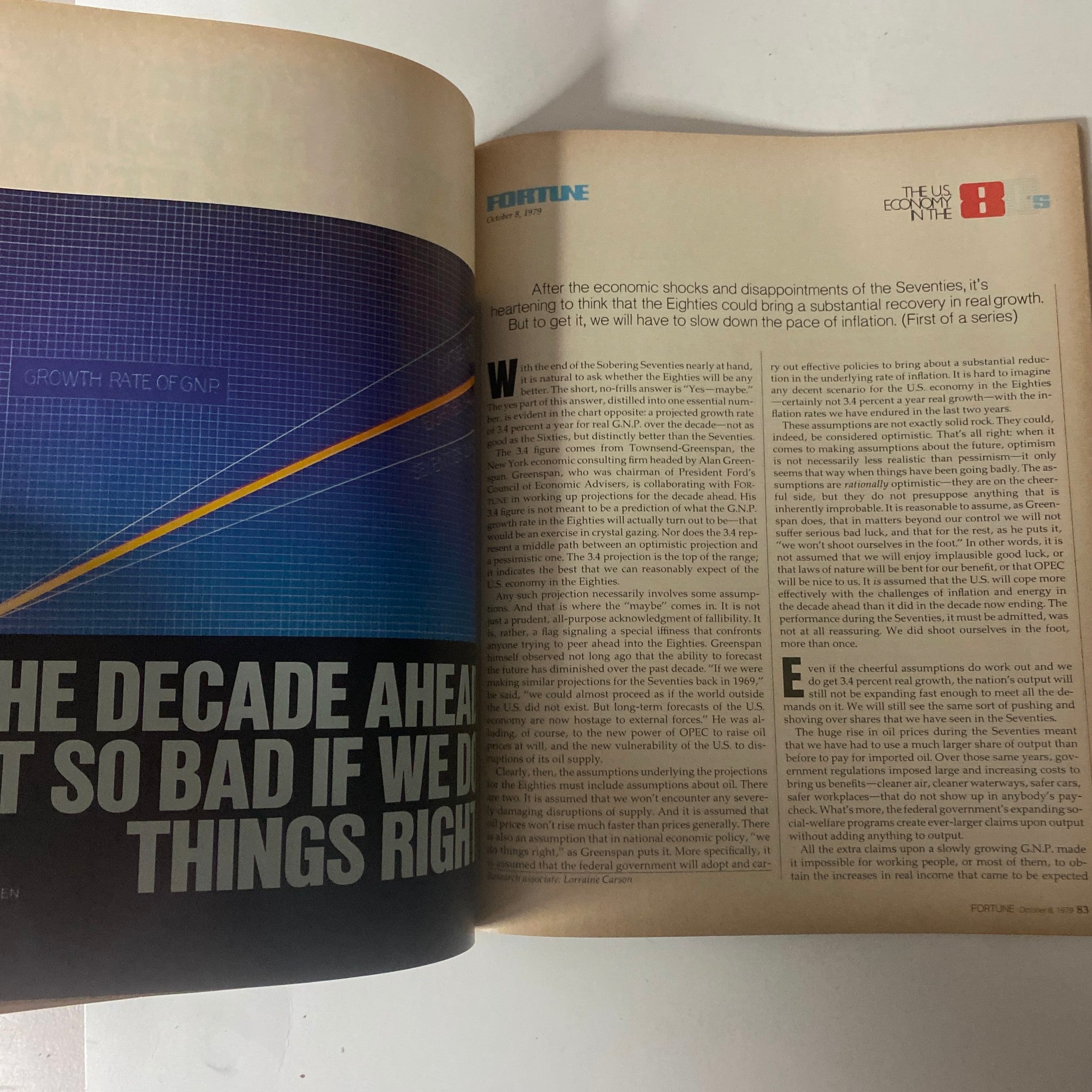 Page from Fortune Magazine, October 8, 1979, highlighting the article 'The Decade Ahead: Not So Bad If We Do Things Right' discussing economic prospects for the 1980s.