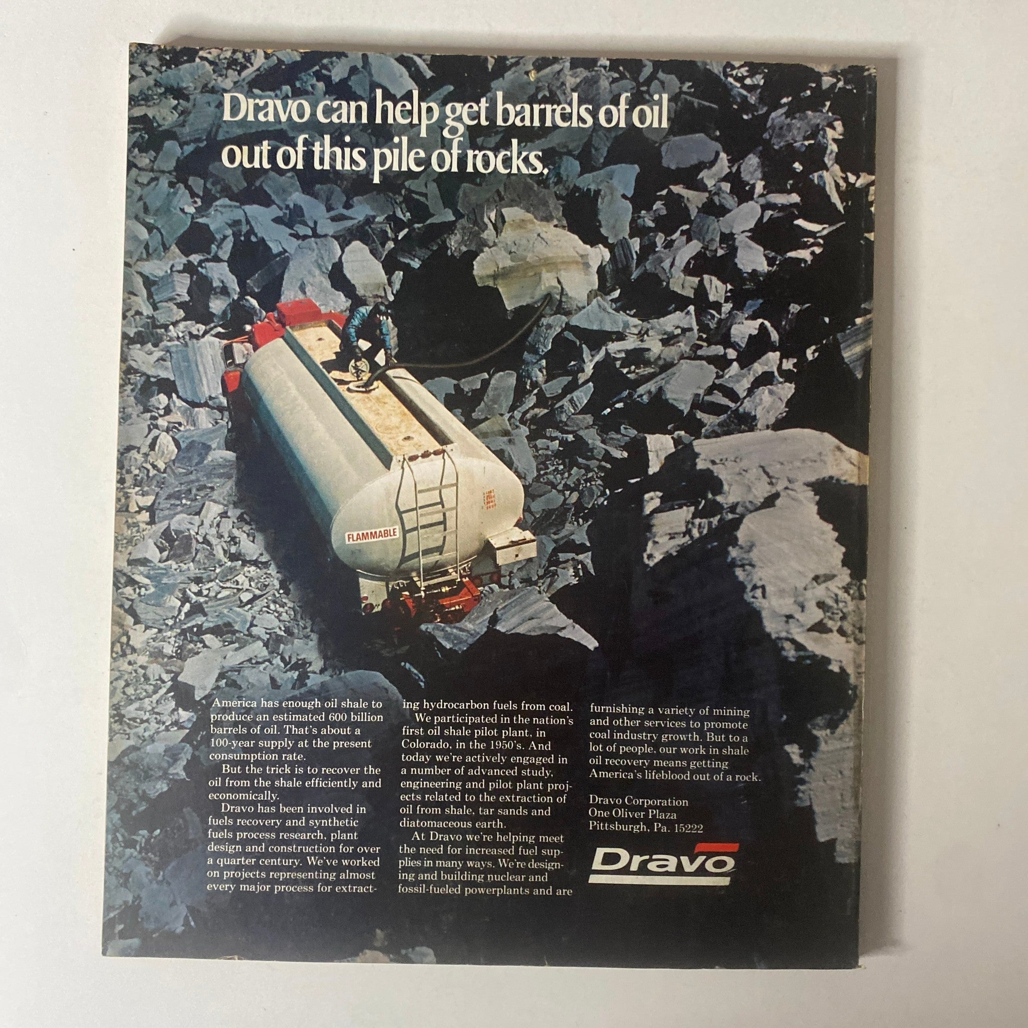 Back cover of Fortune Magazine, October 8, 1979, featuring an advertisement for Dravo, illustrating industrial and oil extraction themes.