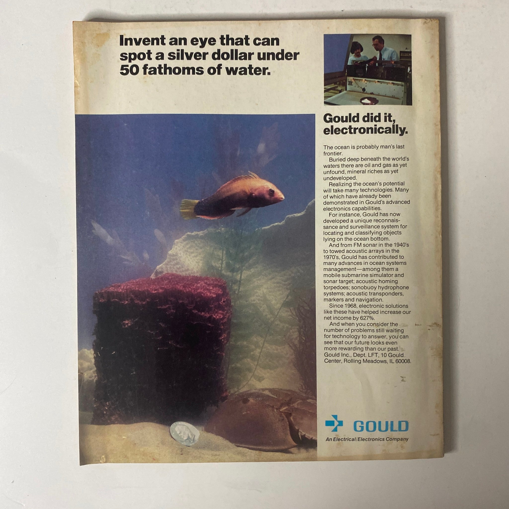 Back cover of Fortune Magazine January 28, 1980, showcasing an advertisement for Gould Electronics, illustrating underwater exploration technology with a fish and submerged objects.