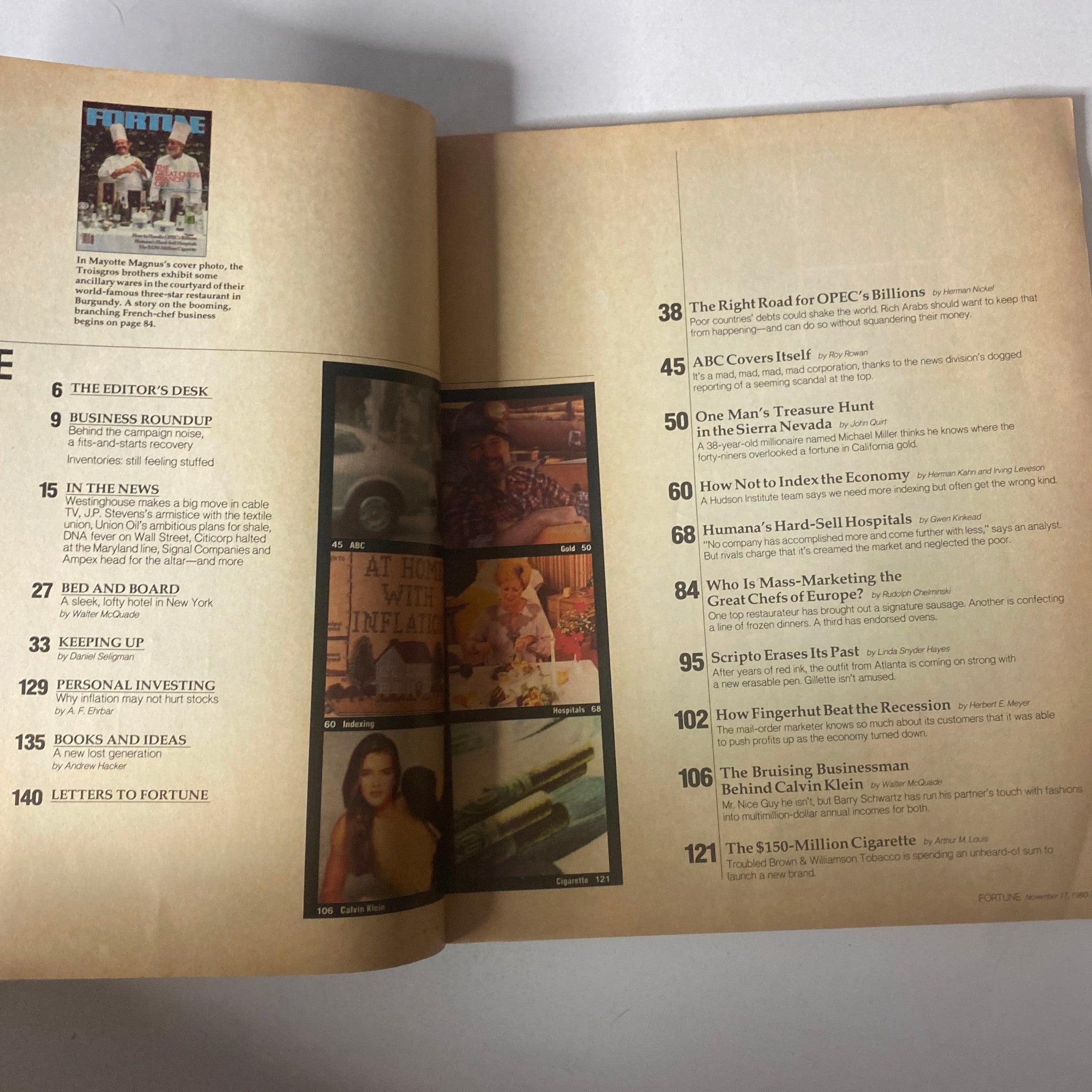 Inside page of Fortune Magazine November 17, 1980, showcasing articles including 'The Right Road for OPEC's Billions' and 'Who Is Mass-Marketing the Great Chefs of Europe?'