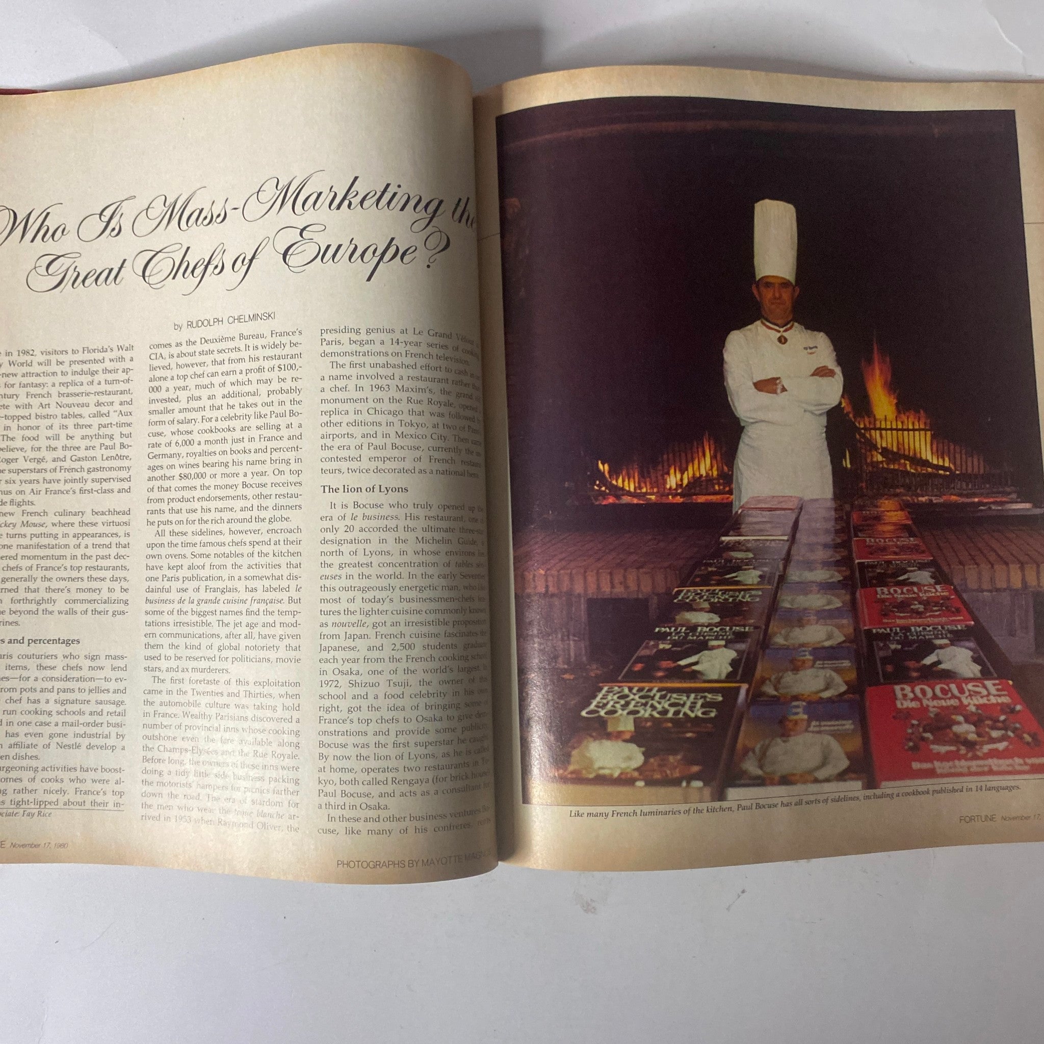 Article spread from Fortune Magazine November 17, 1980, titled 'Who Is Mass-Marketing the Great Chefs of Europe?' examining the commercialization of top chefs.