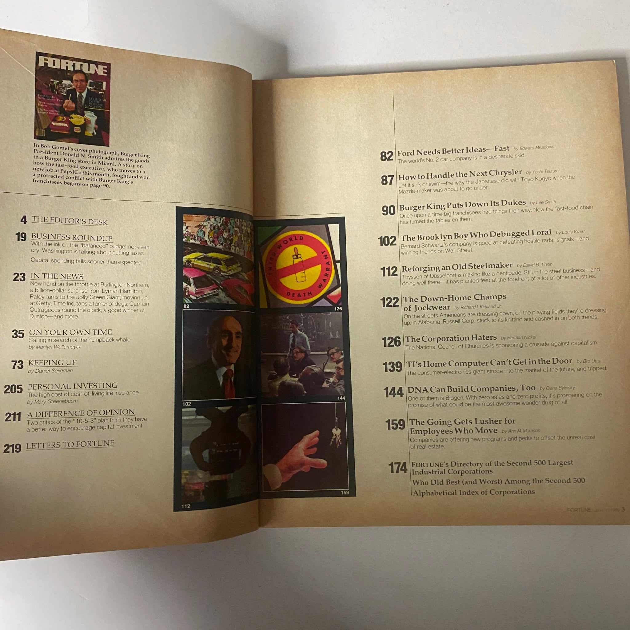 Inside contents page of Fortune Magazine June 16, 1980 showcasing feature articles including the Burger King segment and the editor's desk.