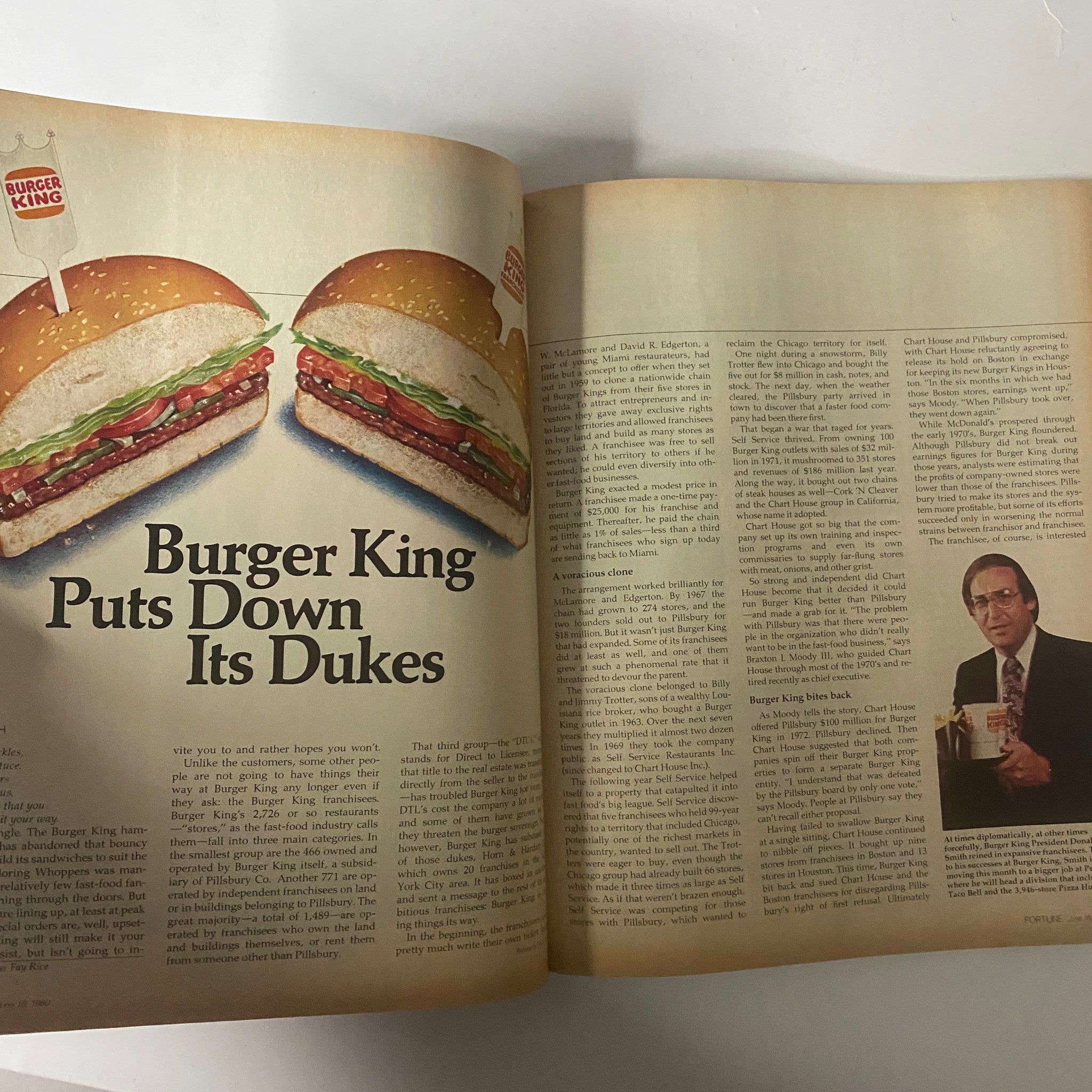 Article spread from Fortune Magazine June 16, 1980 titled 'Burger King Puts Down Its Dukes,' discussing corporate strategy under Donald N. Smith.