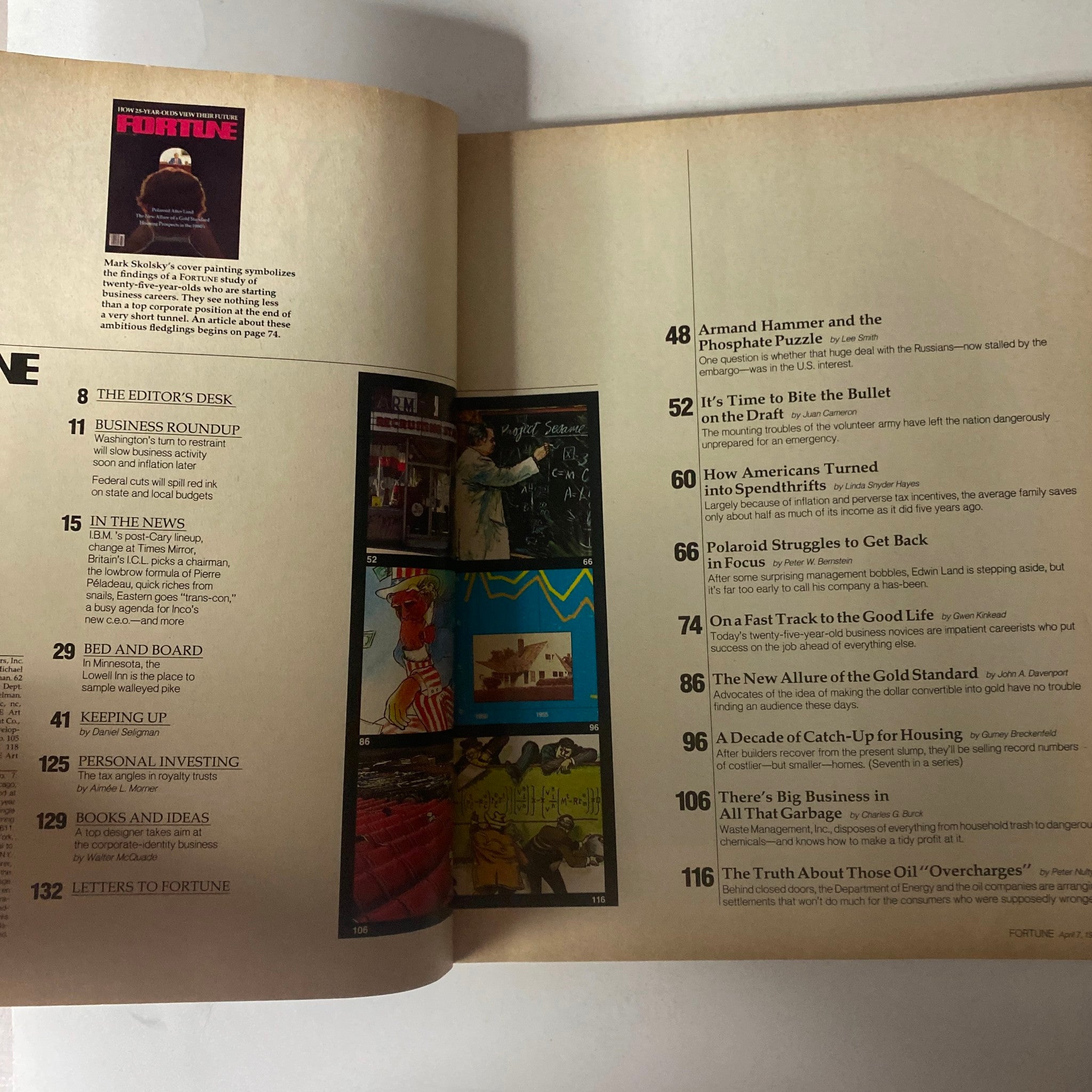 Table of contents from Fortune Magazine April 7, 1980 featuring articles like 'Armand Hammer and the Phosphate Puzzle' and 'The New Allure of the Gold Standard'.