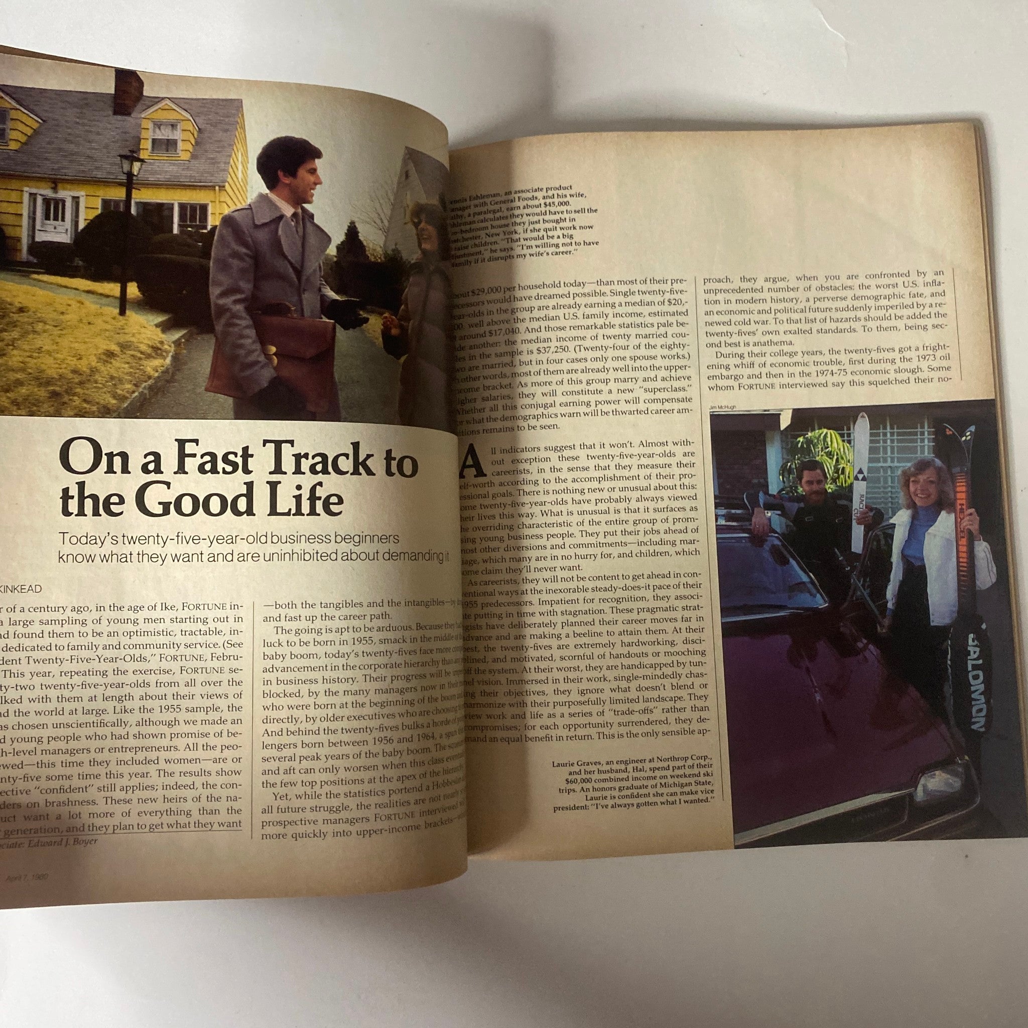 An article from Fortune Magazine April 7, 1980 titled 'On a Fast Track to the Good Life,' discussing ambitious young professionals and their career aspirations.