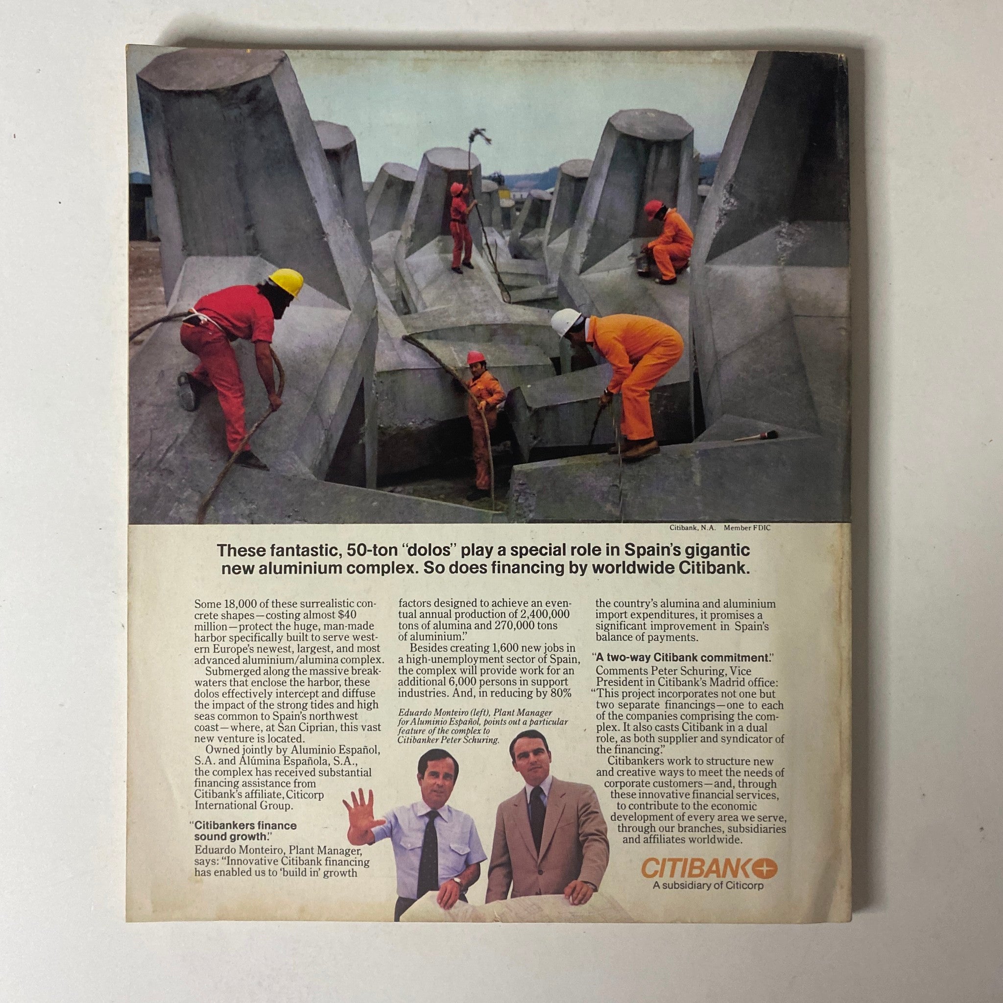 Back cover of Fortune Magazine April 7, 1980 showcasing an advertisement for Citibank with a construction theme, highlighting financing for an aluminum complex in Spain.