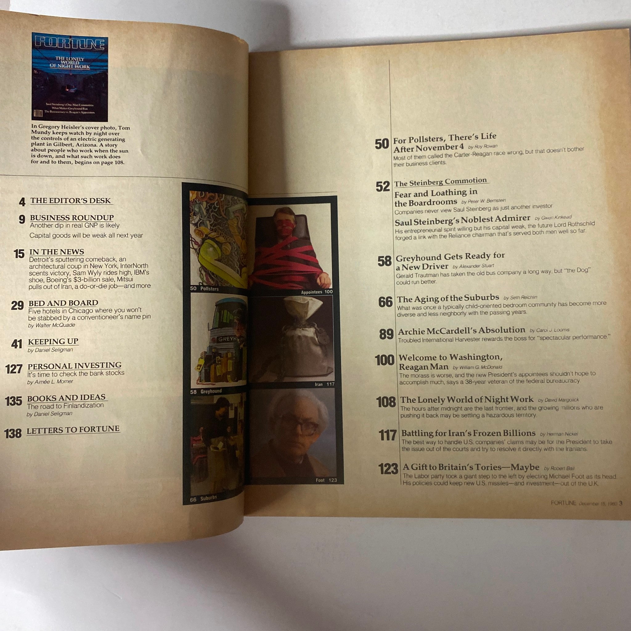 Interior pages of Fortune Magazine December 15, 1980 featuring articles including 'For Pollsters, There’s Life After November 4' and 'The Steinberg Commotion: Fear and Loathing in the Boardrooms'.