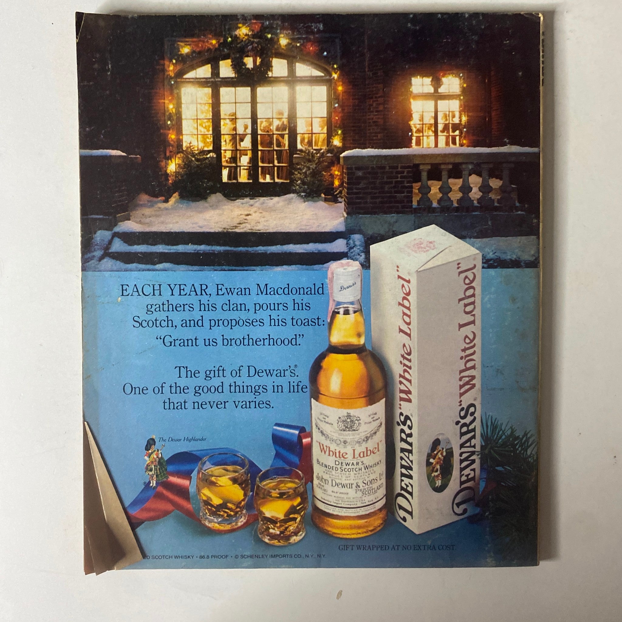 Back cover of Fortune Magazine December 15, 1980 featuring an advertisement for Dewar's White Label Scotch whiskey, highlighting the holiday spirit.