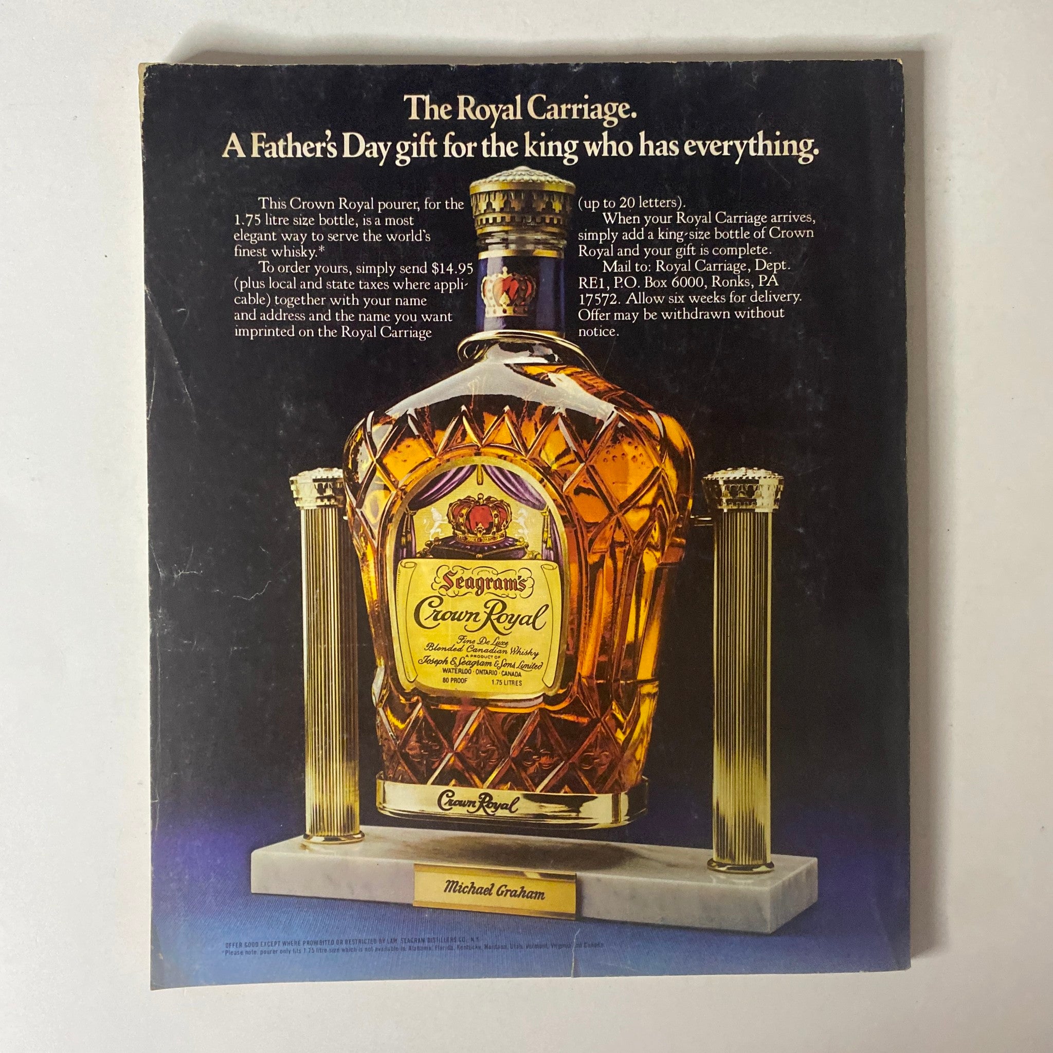 Fortune Magazine March 24, 1980 advertisement for Seagram's Crown Royal, showcasing 'The Royal Carriage' as a Father's Day gift, emphasizing luxury and quality.