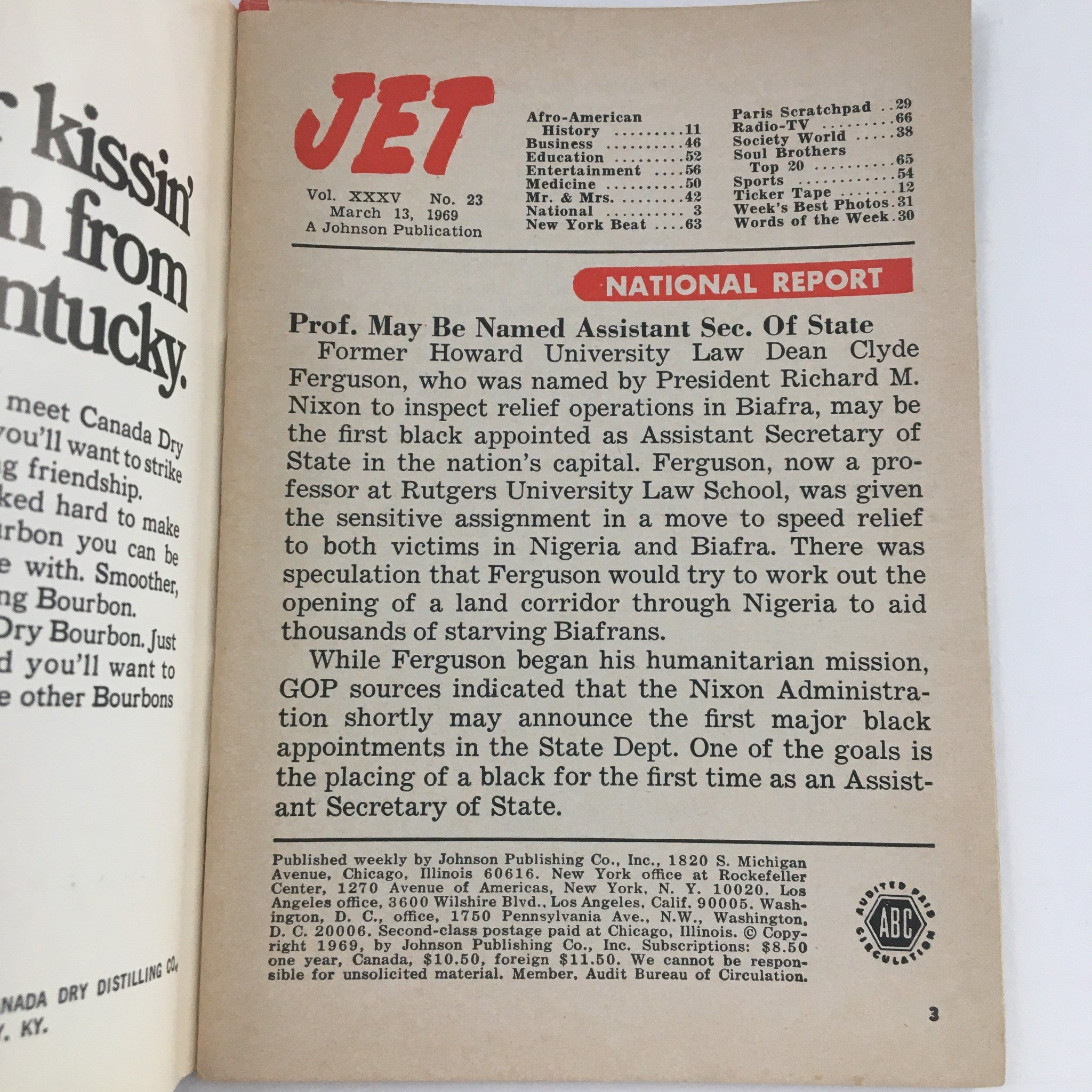 Inside page of Jet Magazine March 13 1969, featuring a National Report section discussing humanitarian efforts in Nigeria and Biafra, highlighting significant historical context related to food insecurity in America.