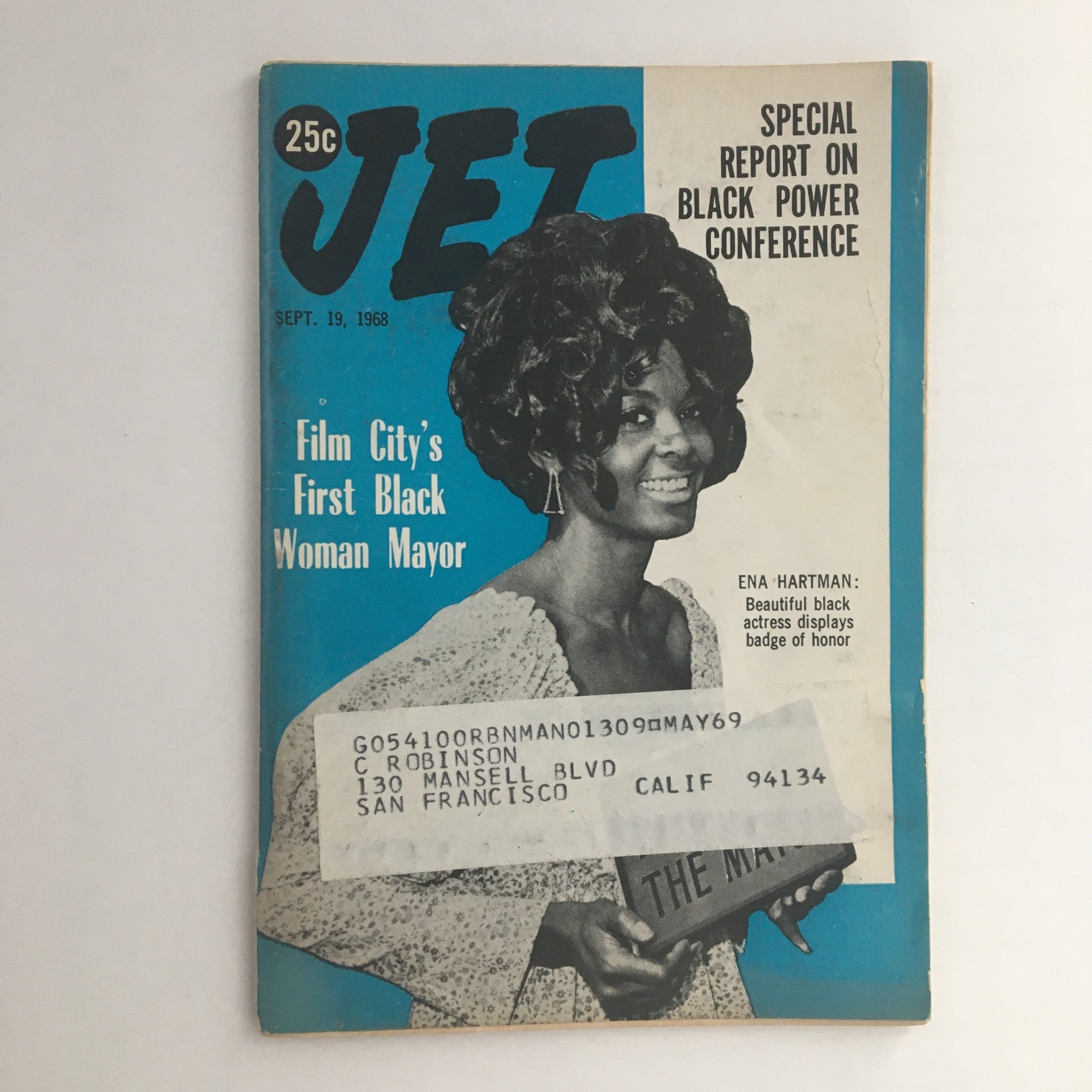 Cover of Jet Magazine dated September 19, 1968 featuring Film City's first Black woman Mayor Ena Hartman, showcasing her portrait and title.