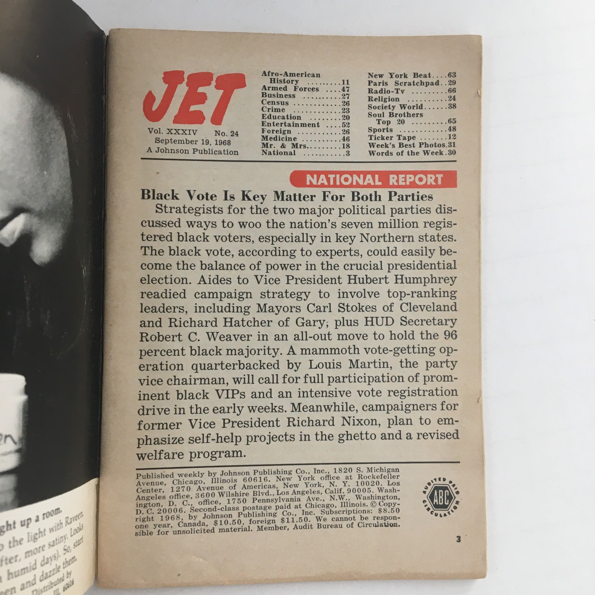 Inside page of Jet Magazine from September 19, 1968, highlighting a national report on the importance of the Black vote, alongside the magazine's table of contents.
