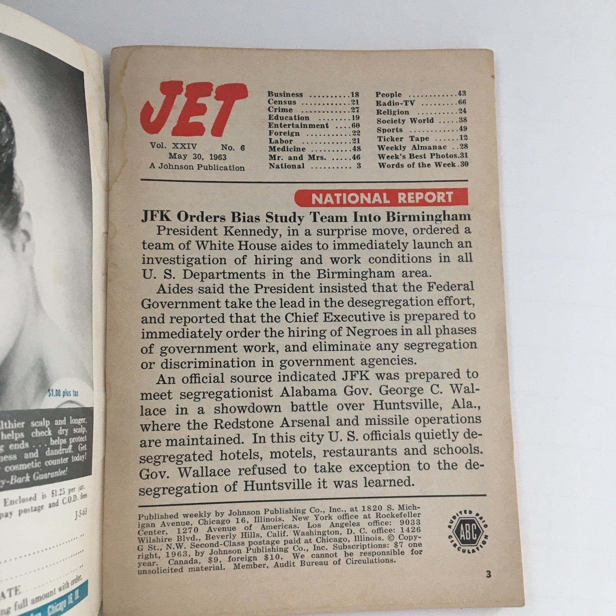 Table of contents of Jet Magazine May 30, 1963 featuring an article about JFK's bias study team into Birmingham, reflecting issues of civil rights.
