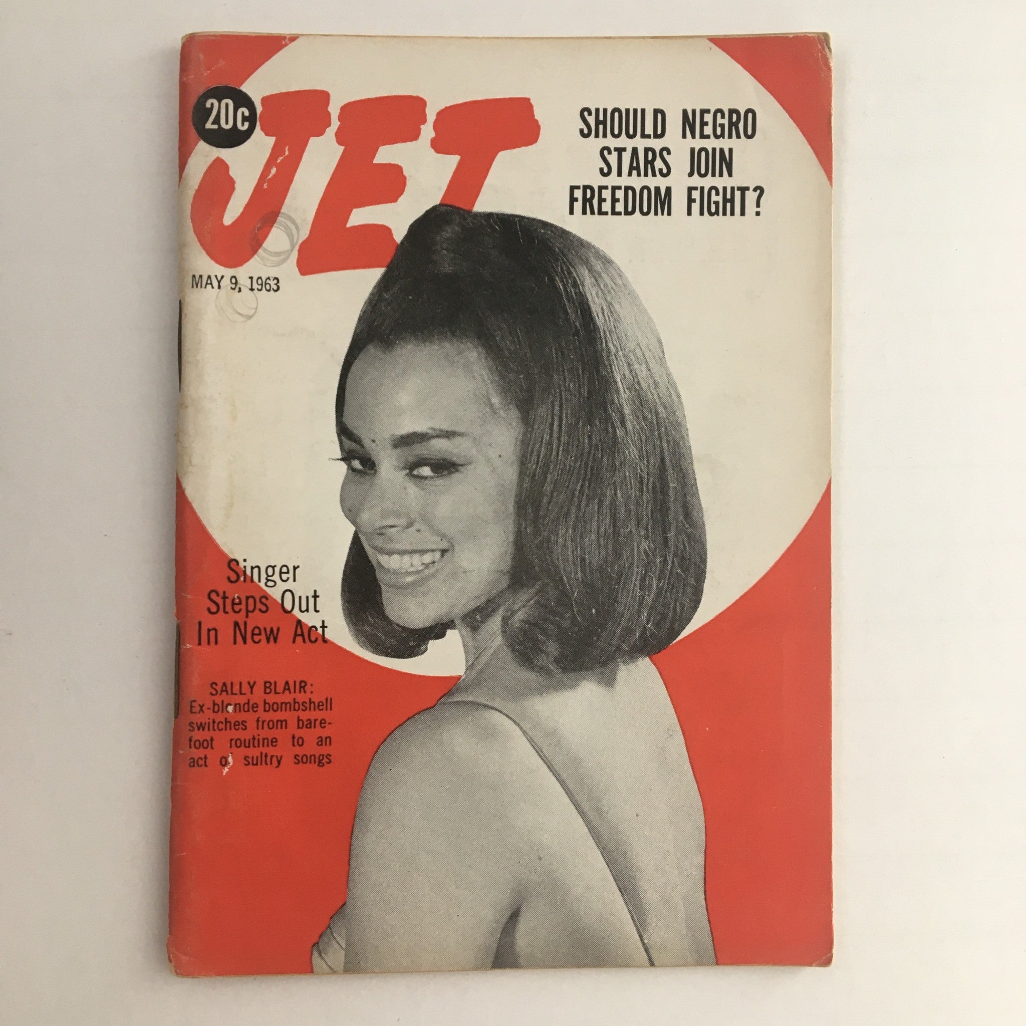 Cover of Jet Magazine dated May 9, 1963, featuring the title 'Singer Steps Out In New Act' and ex-blonde bombshell Sally Blair.