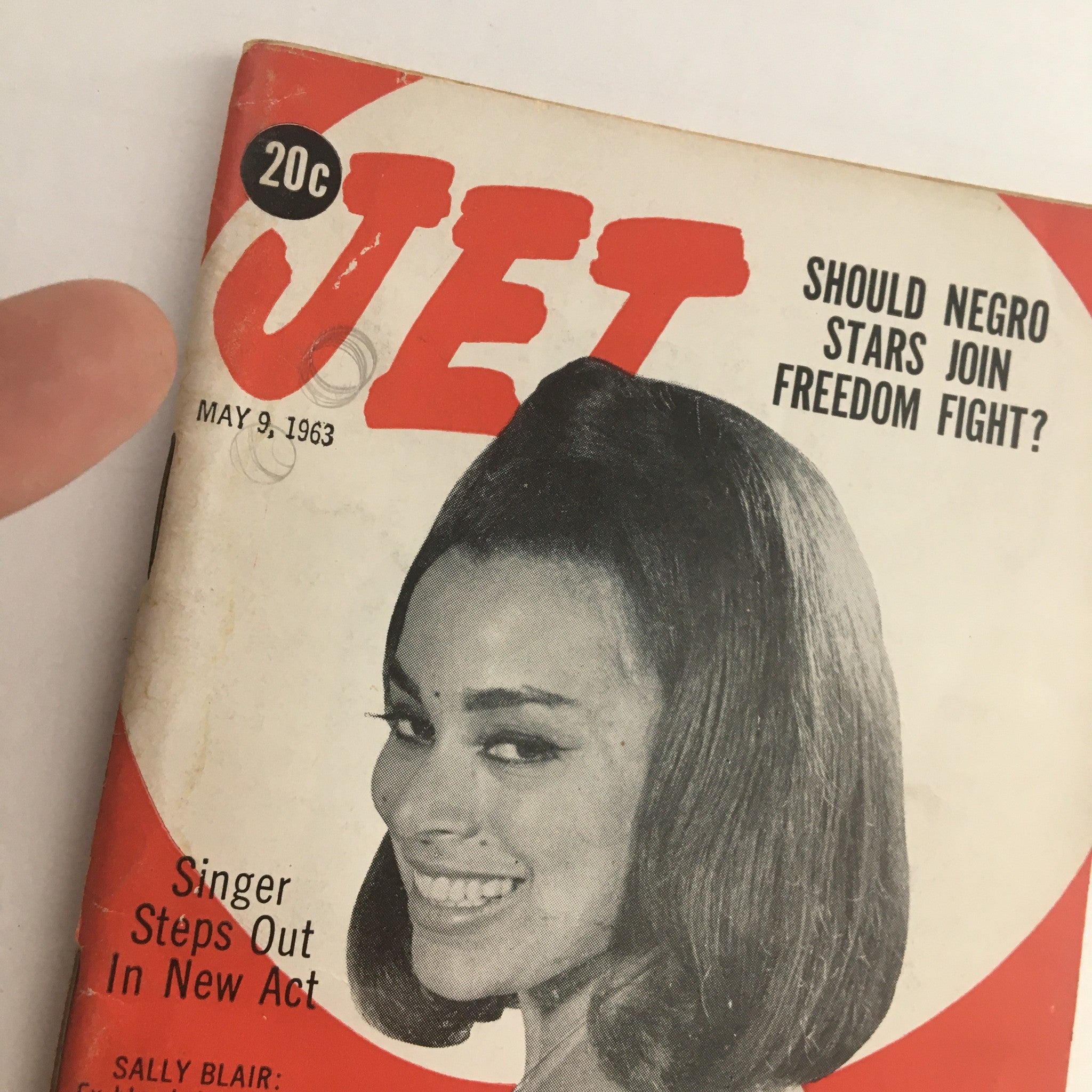 Close-up of the May 9, 1963 Jet Magazine cover showcasing singer Sally Blair and highlighting the question 'Should Negro Stars Join Freedom Fight?'