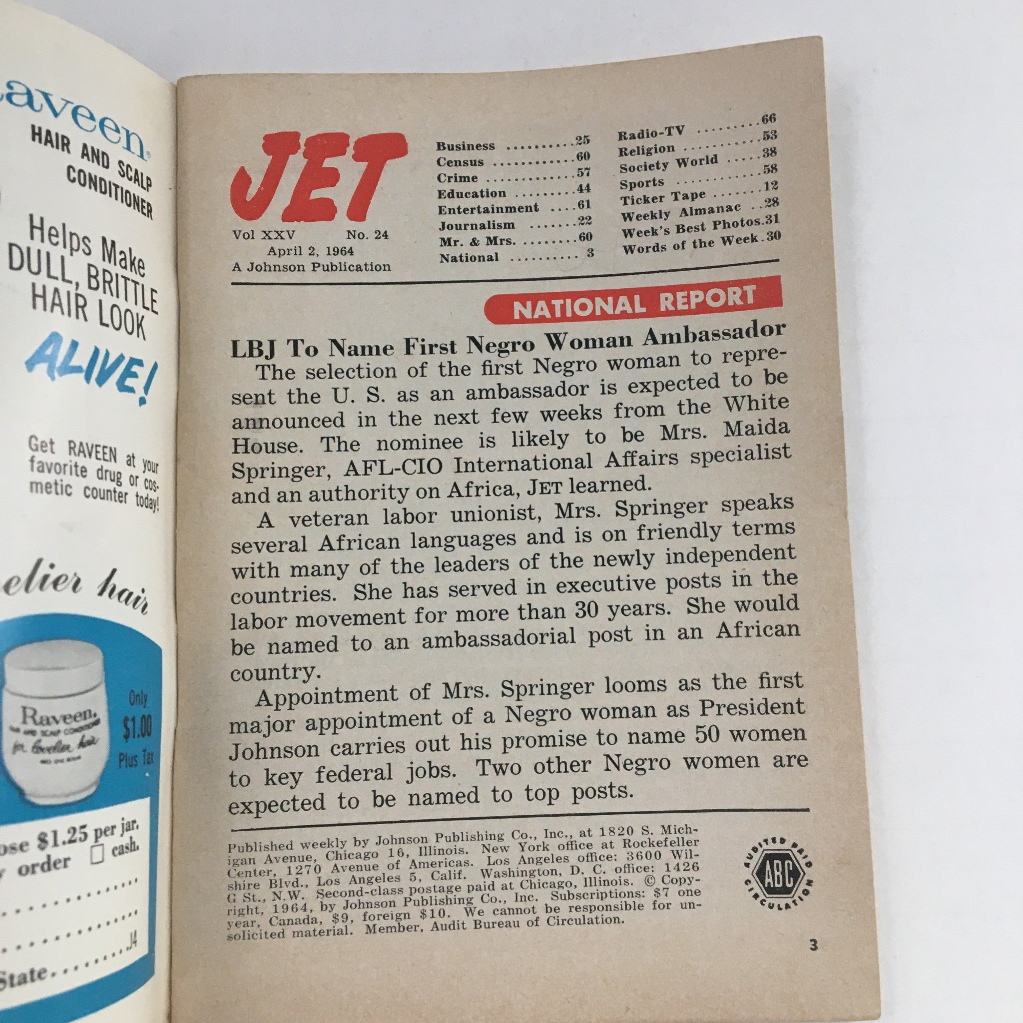 Jet Magazine April 2 1964 Lonnie Johnson and Mrs. Velma Strode No Label