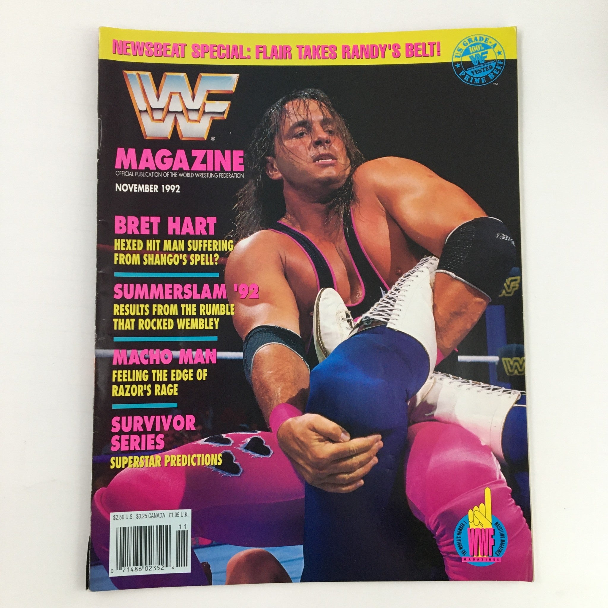 WWF Magazine November 1992 featuring Bret Hart and Macho Man Randy Savage on the cover, showcasing iconic wrestlers during the early '90s era of professional wrestling.