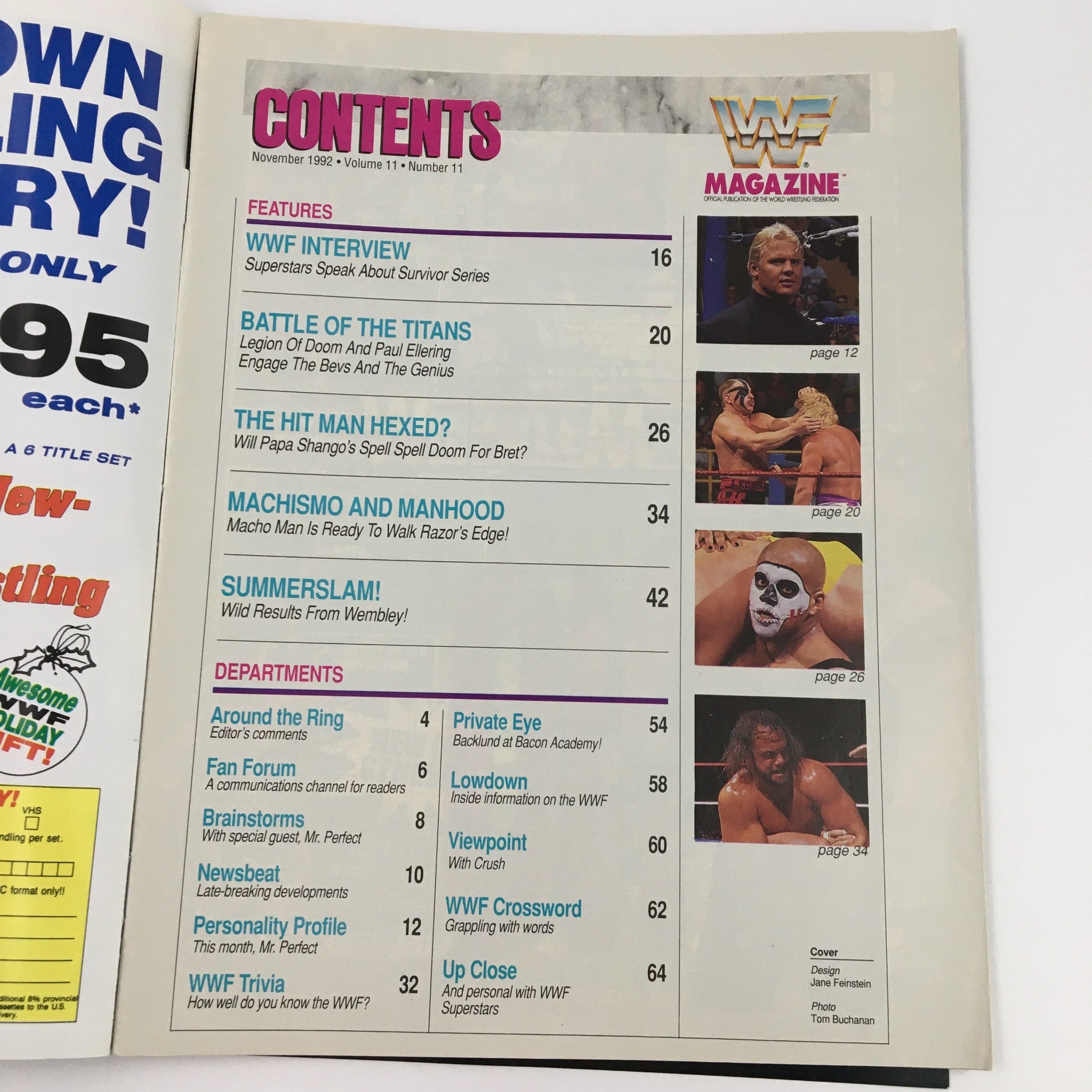 WWF Magazine November 1992 Contents page featuring articles and features such as WWF interview, Battle of the Titans, and Summerslam.