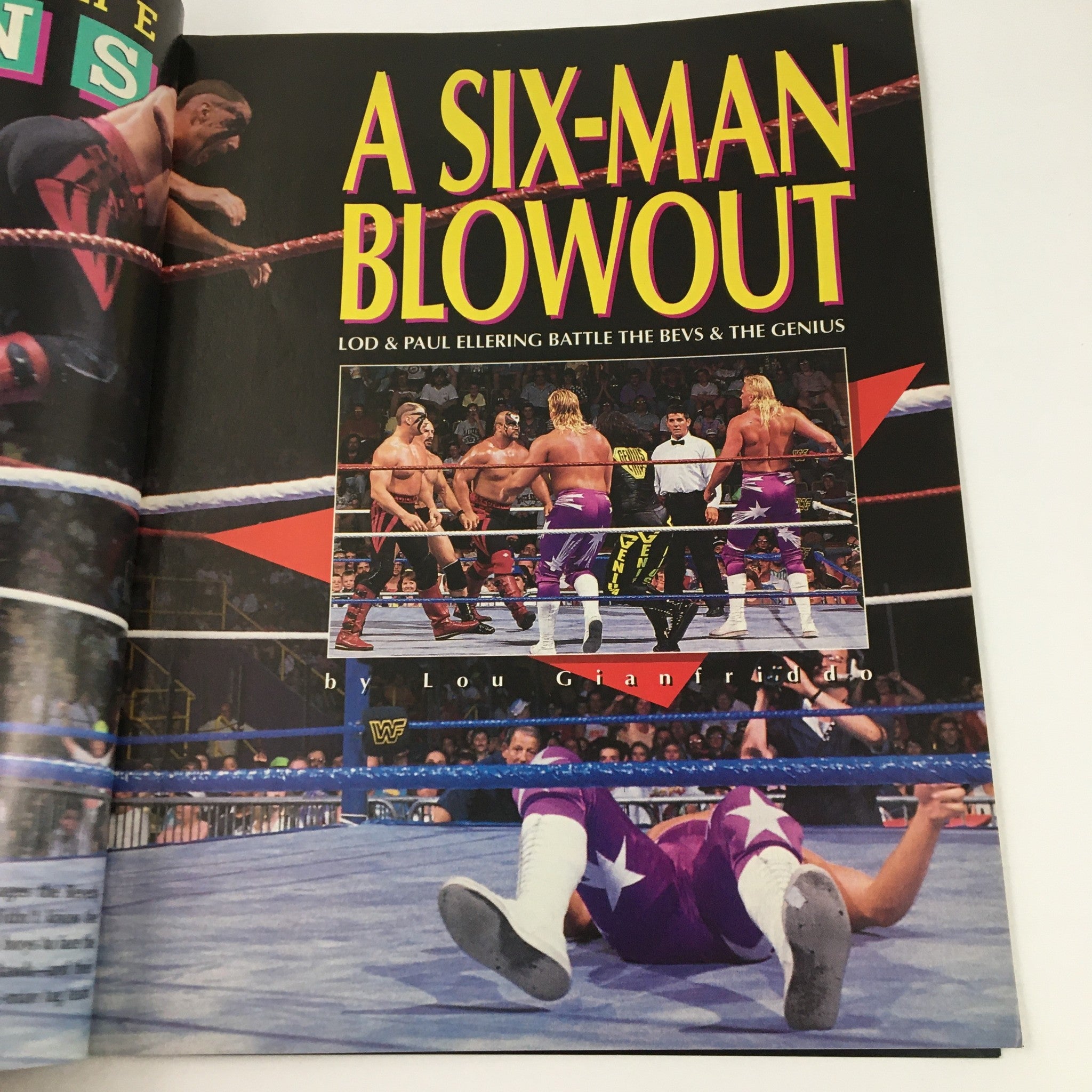 WWF Magazine November 1992 article titled 'A Six-Man Blowout' showcasing the match between Legion of Doom, Paul Ellering, and The Bev's & The Genius.