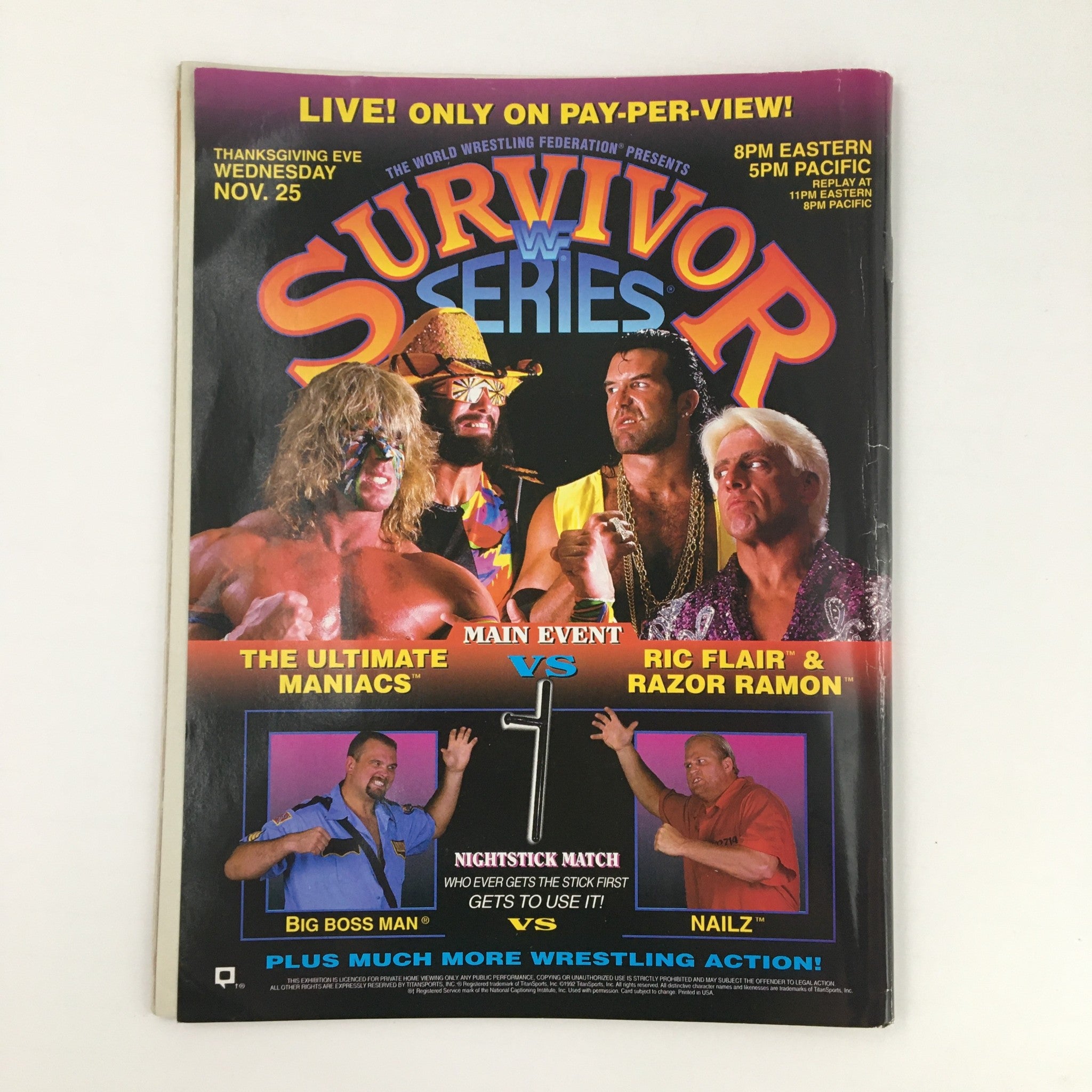 WWF Magazine November 1992 cover of Survivor Series event featuring iconic wrestlers like The Ultimate Warrior and Ric Flair.