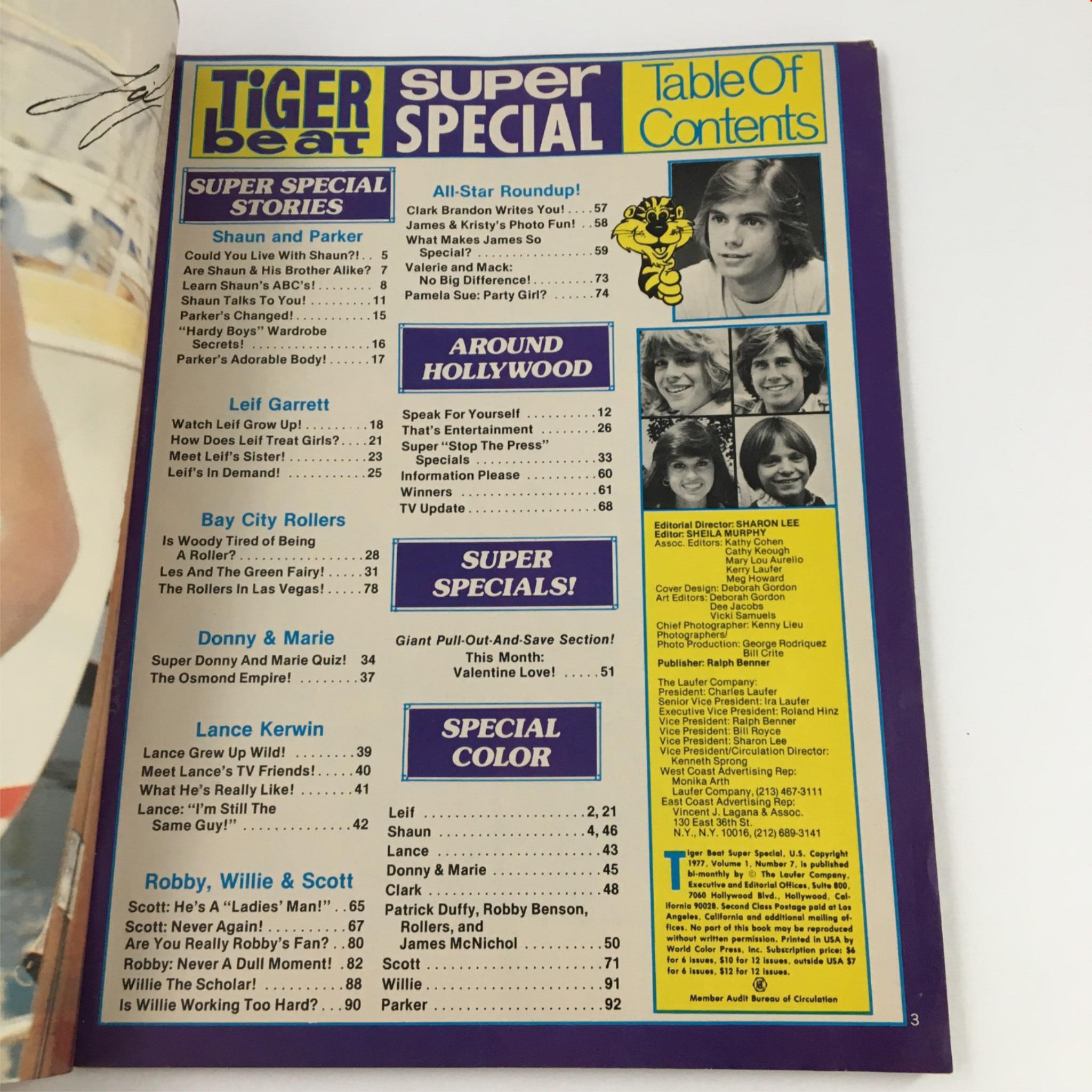 Table of contents from the Tiger Beat Magazine 1977 featuring Shaun Cassidy, Clark Brandon, and Leif Garrett; highlights articles and special features of that era's teen culture.