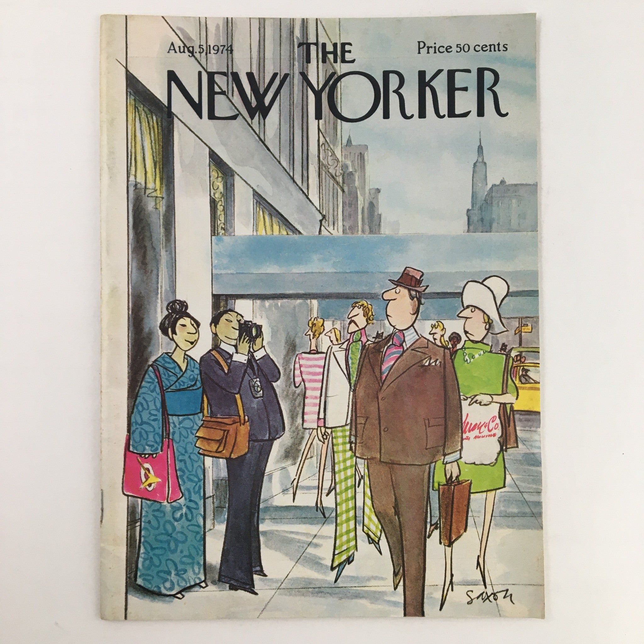 Cover of The New Yorker August 5, 1974, featuring a stylish illustration by Charles Saxon depicting fashionable characters on a city street.