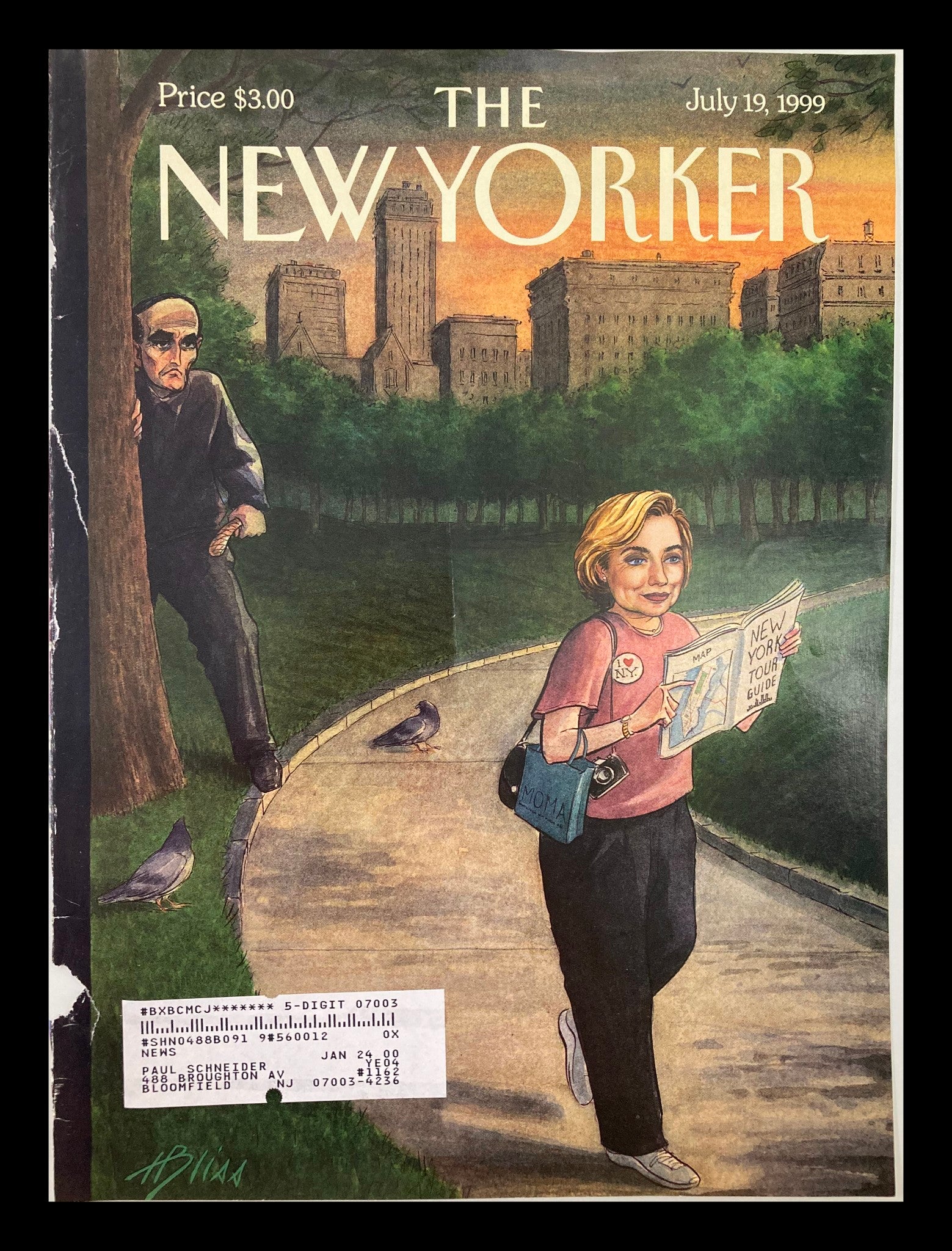 Cover of The New Yorker July 19, 1999 titled 'The Tough Guy & The Tourist' by H. Bliss showcasing a woman with a map walking in a park, while a man hides nearby.