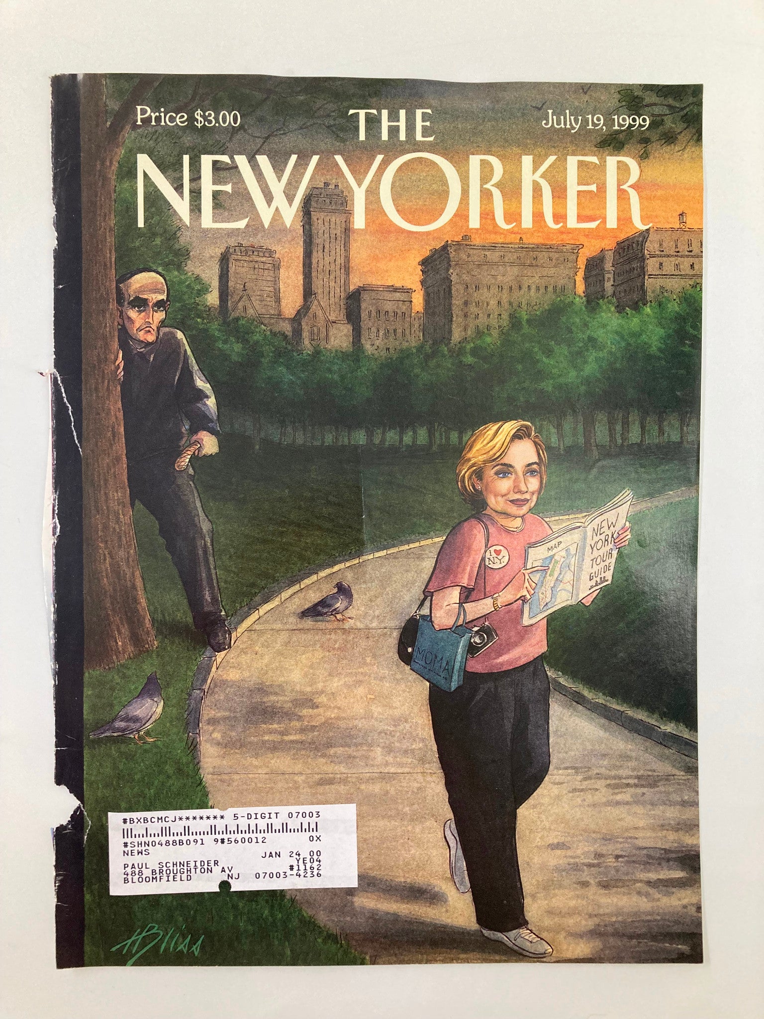 Close-up of The New Yorker cover dated July 19, 1999, featuring 'The Tough Guy & The Tourist' illustration, depicting a woman with a tourist guide as a shadowy figure watches.
