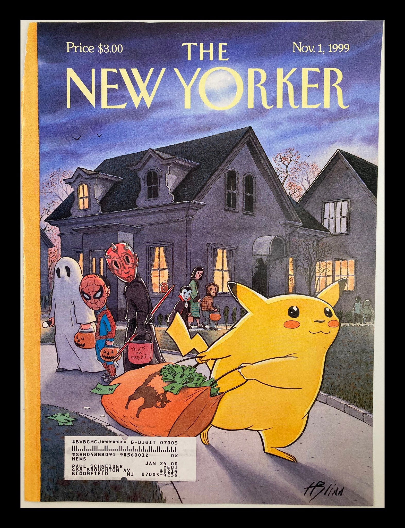 Cover of The New Yorker, November 1, 1999, featuring Pikachu from Pokémon illustrated by Harry Bliss, with costumed characters like Spiderman and a ghost, set against a spooky Halloween backdrop.