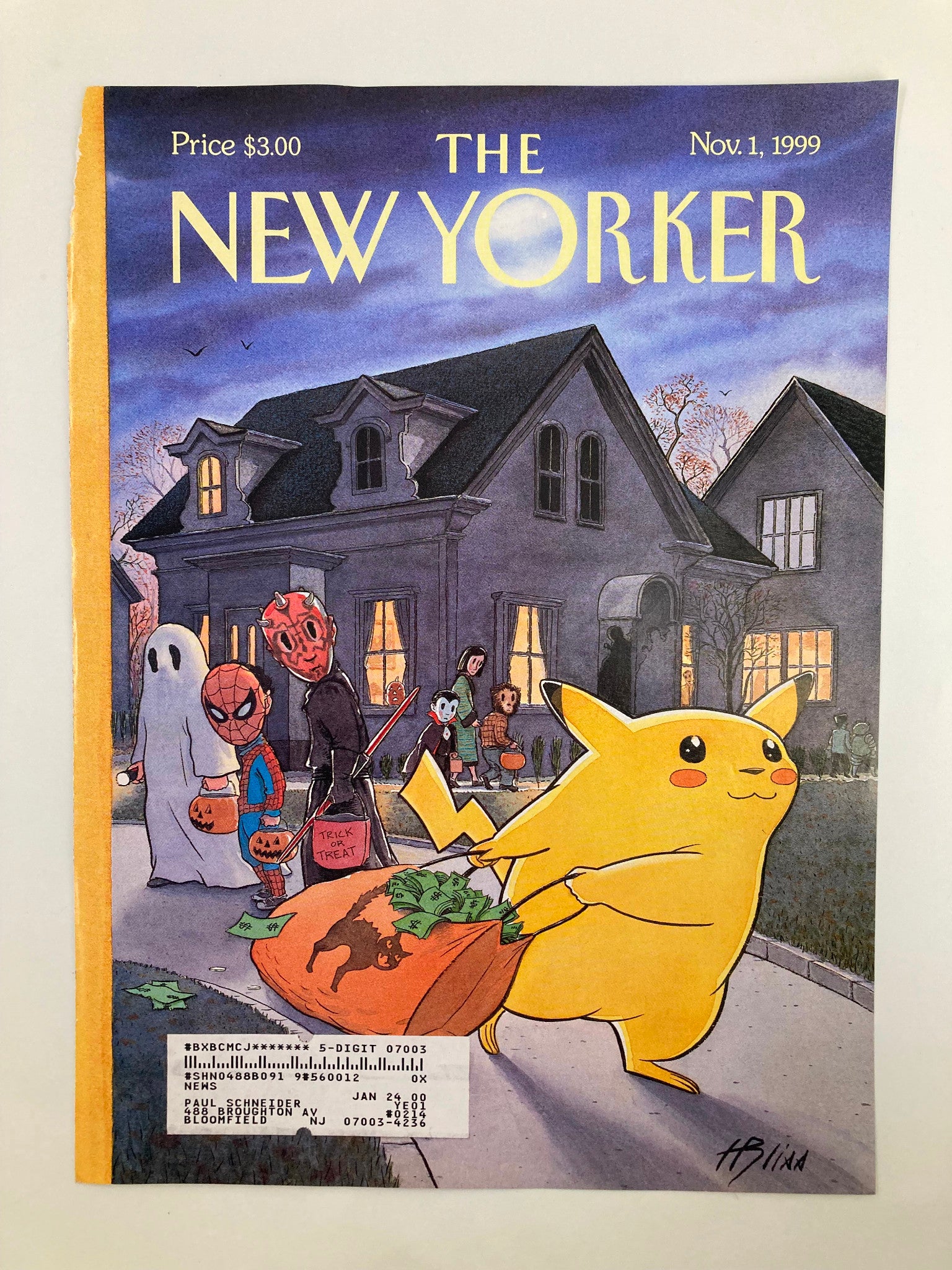 The New Yorker cover from November 1, 1999, showcasing Pikachu carrying a bag of money during Halloween, with various characters dressed up, illustrated by Harry Bliss.
