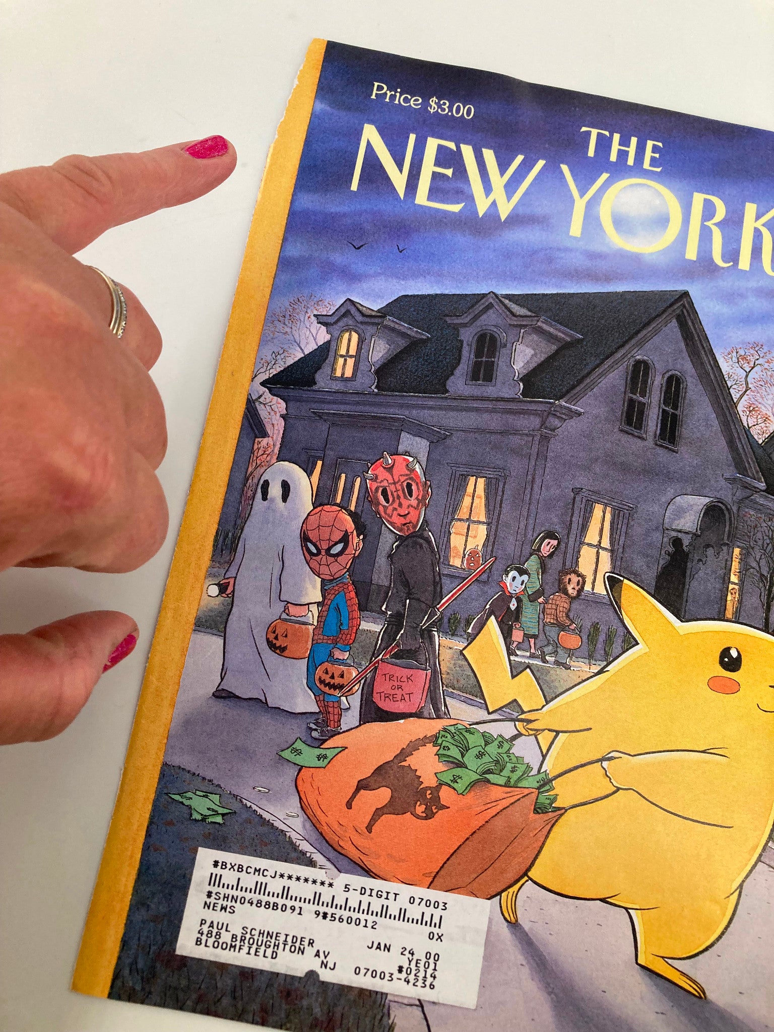 Detail of The New Yorker cover, November 1, 1999, highlighting Pikachu with a bag of cash, accompanied by costumed friends like Spiderman and a ghost, illustration by Harry Bliss.