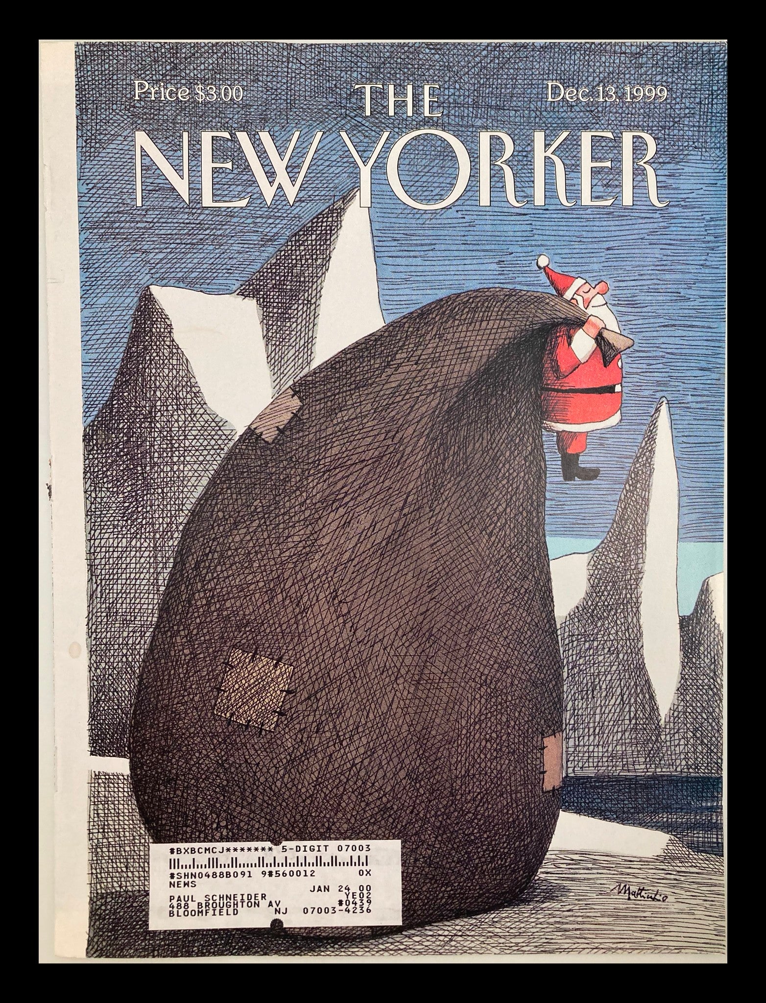 COVER ONLY The New Yorker December 13 1999 The Big Bag by Franco Matticchio