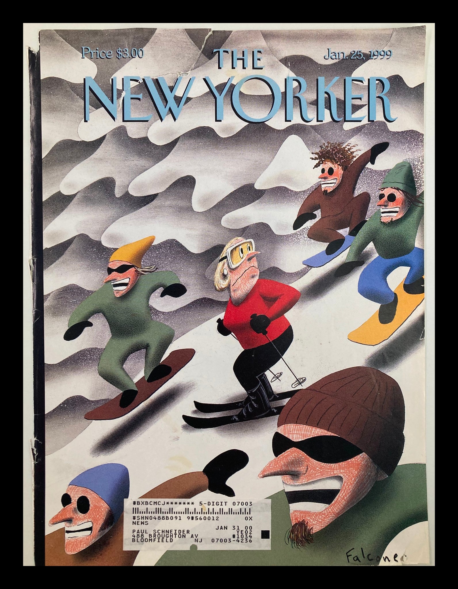 COVER ONLY The New Yorker January 25 1999 Skiing Downhill by Ian Falconer