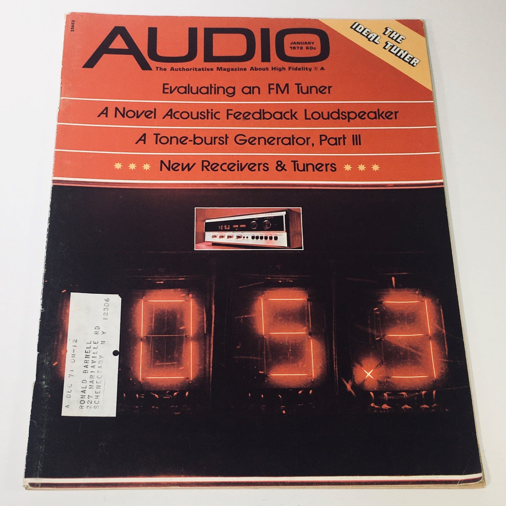 Cover of VTG Audio Music Magazine January 1972 featuring a Novel Acoustic Feedback Loudspeaker, highlighting audio technology advancements of the early 70s.